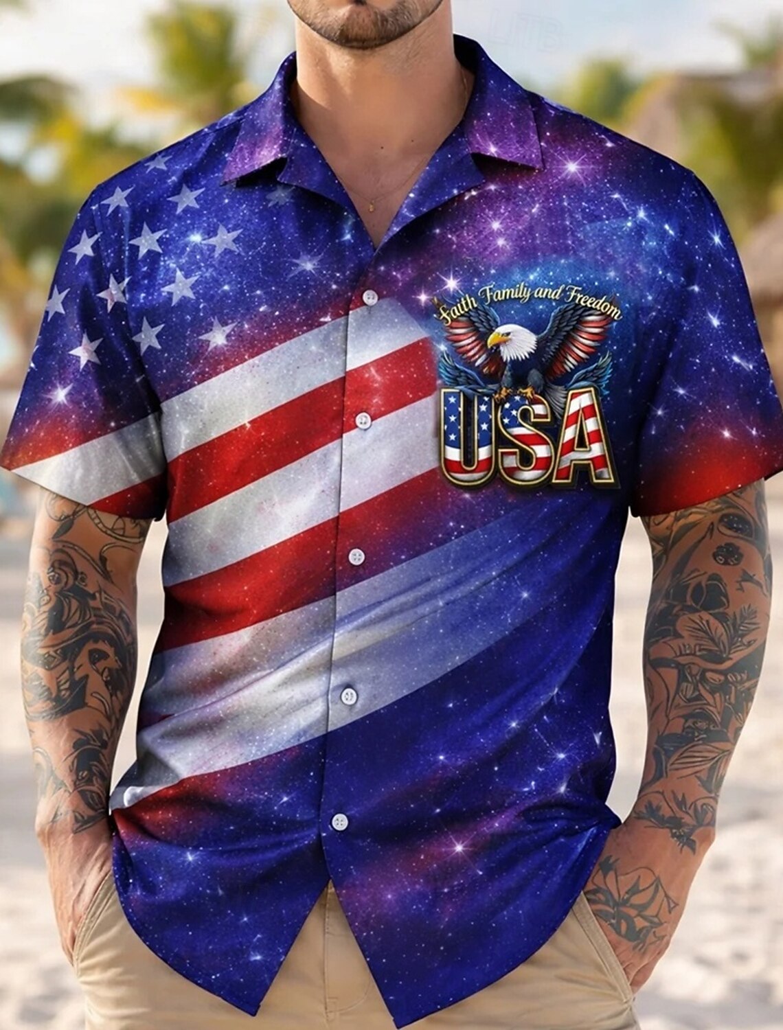 Men's 4th of July U.S. 250th Anniversary Cross US Flag Shirt Cuban Collar Shirt Button Up Shirt Short Sleeve Patriotic Holiday Summer Spring Camp Collar Shirt 3D Print Blue Blue red Purple Dark Blue