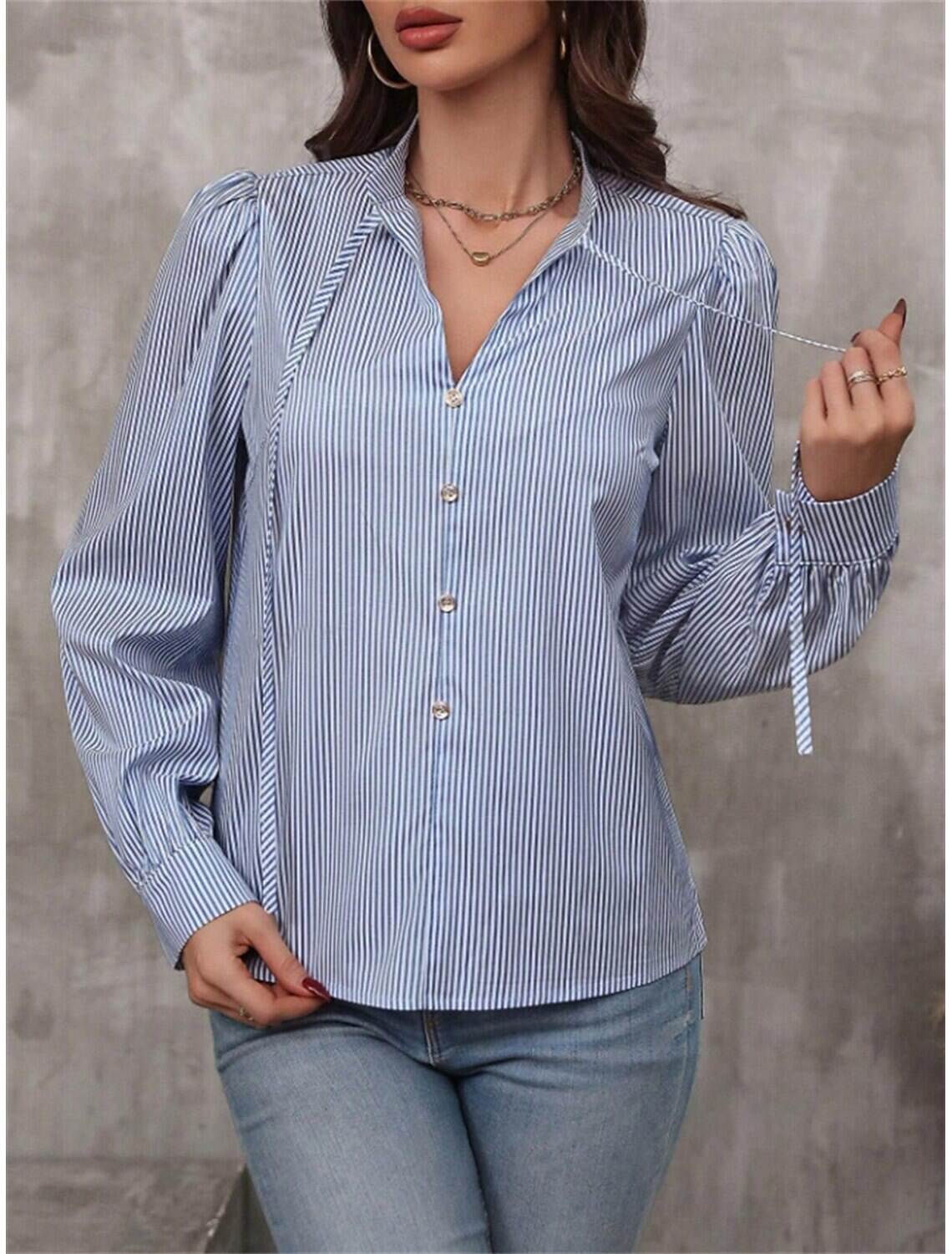 Women's Shirt Blouse Stylish Casual Striped Regular Tops Long Sleeve V Neck Patchwork Regular Fit Work Daily Going out Summer Spring Fall