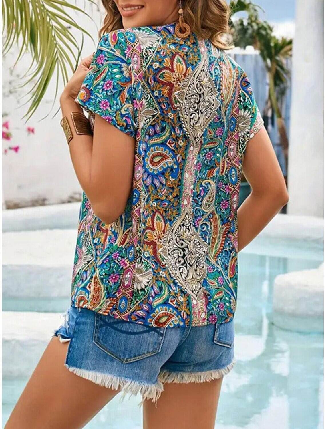 Women's Tunic Daily Stylish Graphic Regular Tops Short Sleeve Cap Sleeve V Neck Contrast Lace Regular Fit Vacation Daily Summer Spring Fall