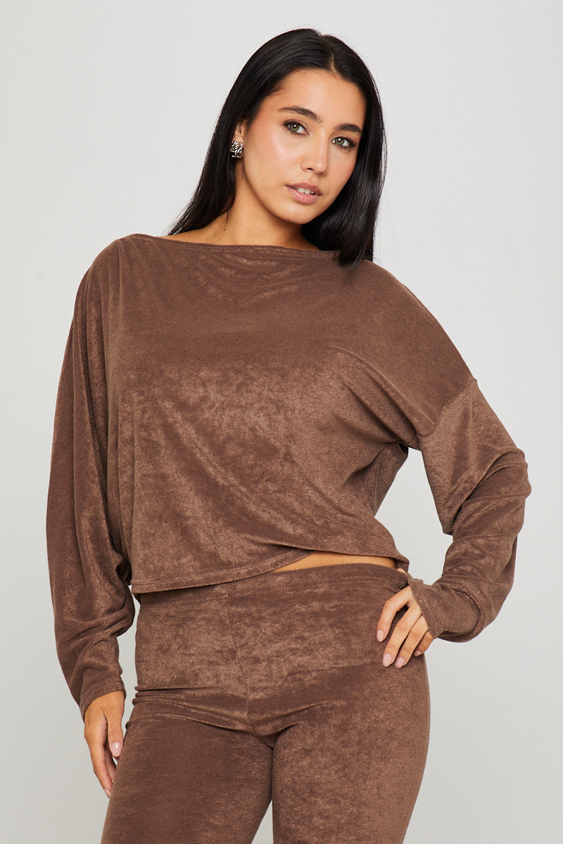 Brown Knitted One Shoulder Top & Pants Loungewear Set