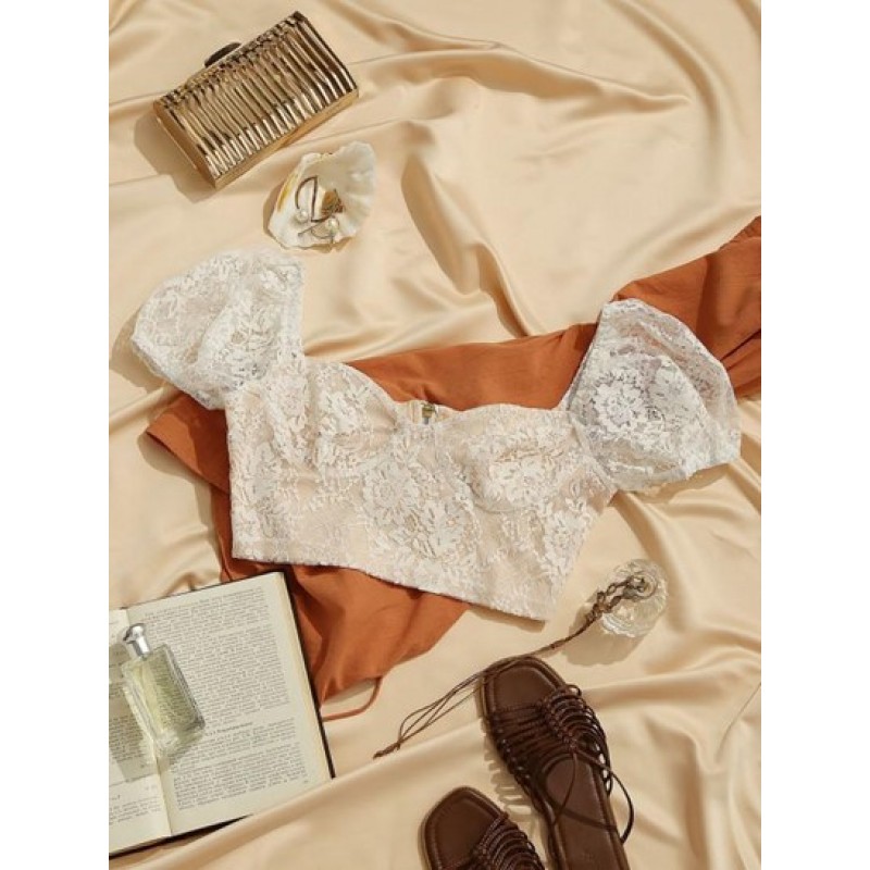 Lace Insert Puff Sleeve Crop Corset Top IN5305