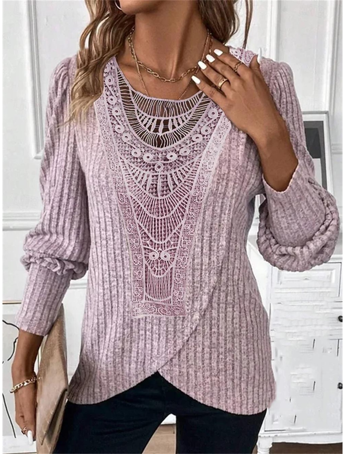 Women's Blouse Dressy Tops Casual Lace Long Sleeve Regular Tops Crew Neck Daily Spring & Fall