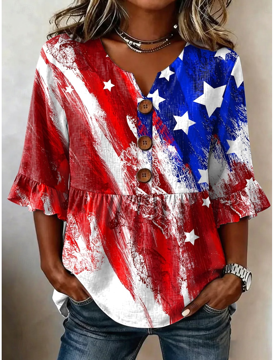 American Independence Day Women's Blouse Patchwork Buttons Print Graphic American Flag Vintage Stylish Half Sleeve V Neck Regular Tops Casual Daily Holiday Blue Red Summer Spring