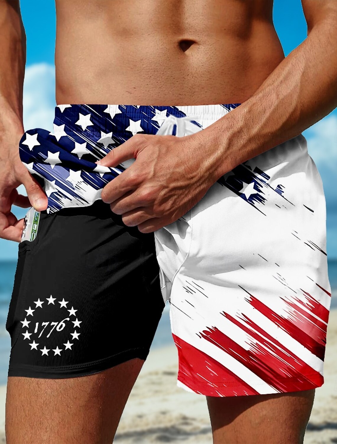 Independence Day Men's 4th of July U.S. 250th Anniversary Patriotic USA Flag Lined Shorts 2 in 1 Board Shorts Swim Trunks Mid Waist Holiday Side Pockets With Compression Liner Elastic Drawstring Waist