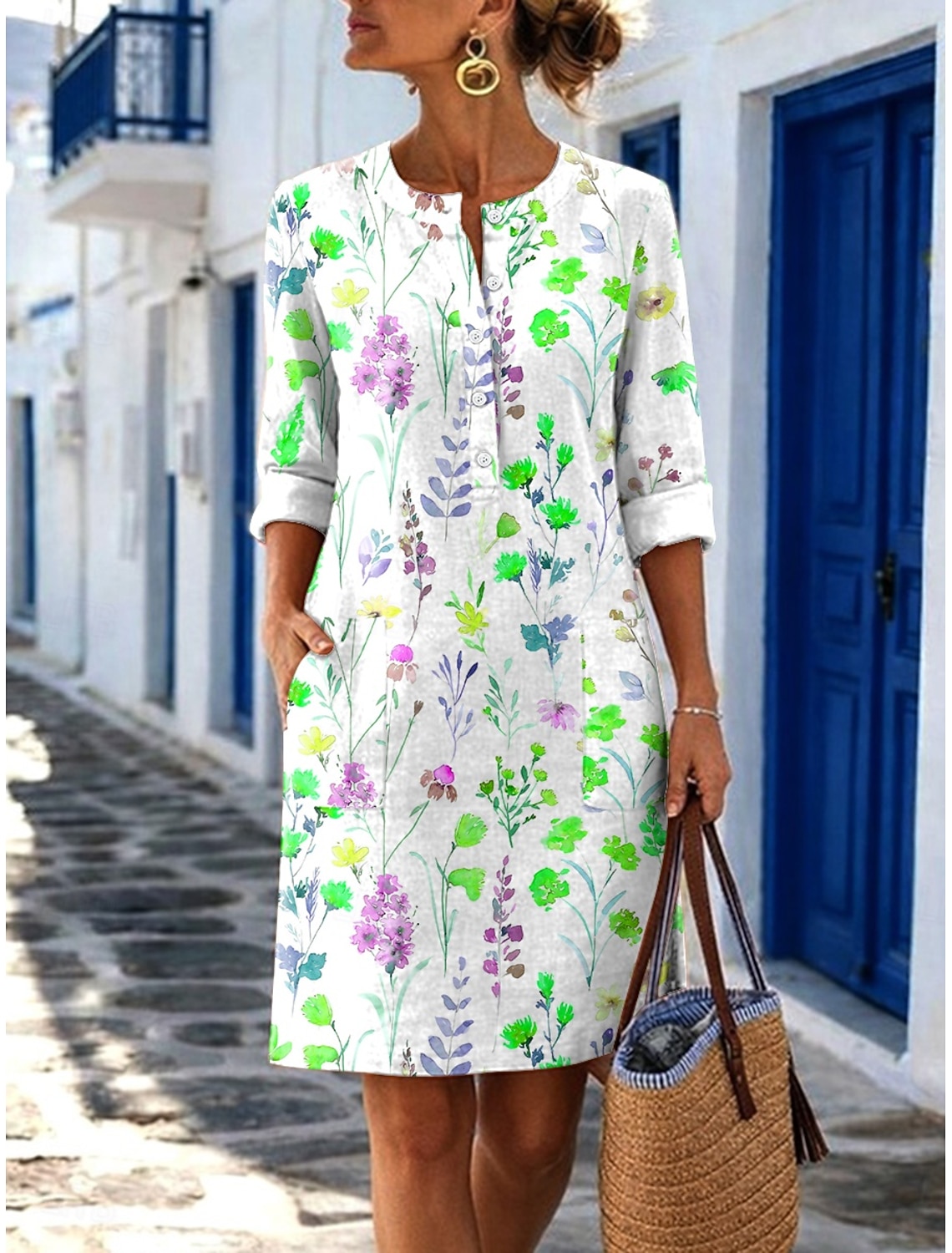 Women's Midi Dress Linen-feel Dresses Shift Dress Casual Daily Regular Fit Plain Long Sleeve Crew Neck Blue Black White Royal Blue Summer Spring Fall