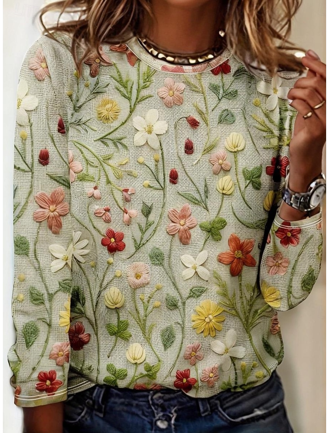 Women's T shirt Long Sleeve Crew Neck Long Sleeve Tunic Floral Graphic Casual Regular Tops Daily Print Grass Green Spring Fall Prefall