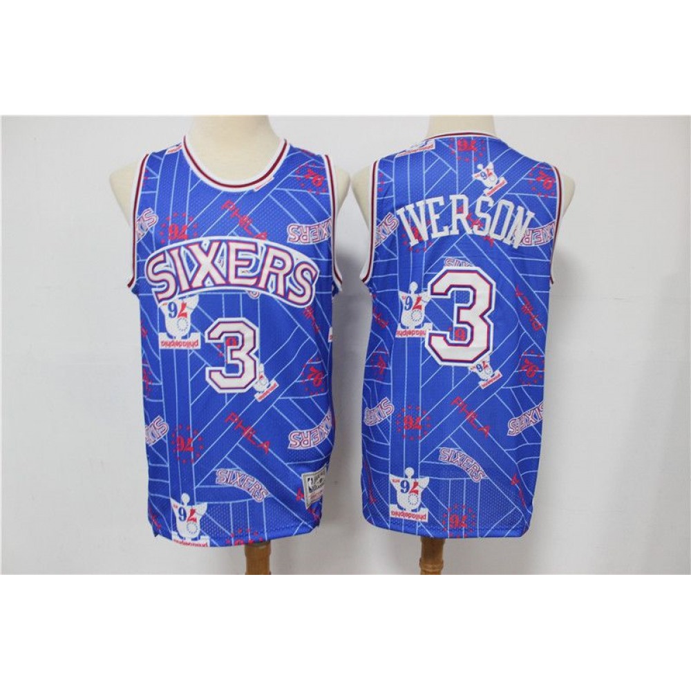 Men's Philadelphia 76ers #3 Allen Iverson Blue Tear Up Pack Hardwood Classics Swingman Stitched Jersey