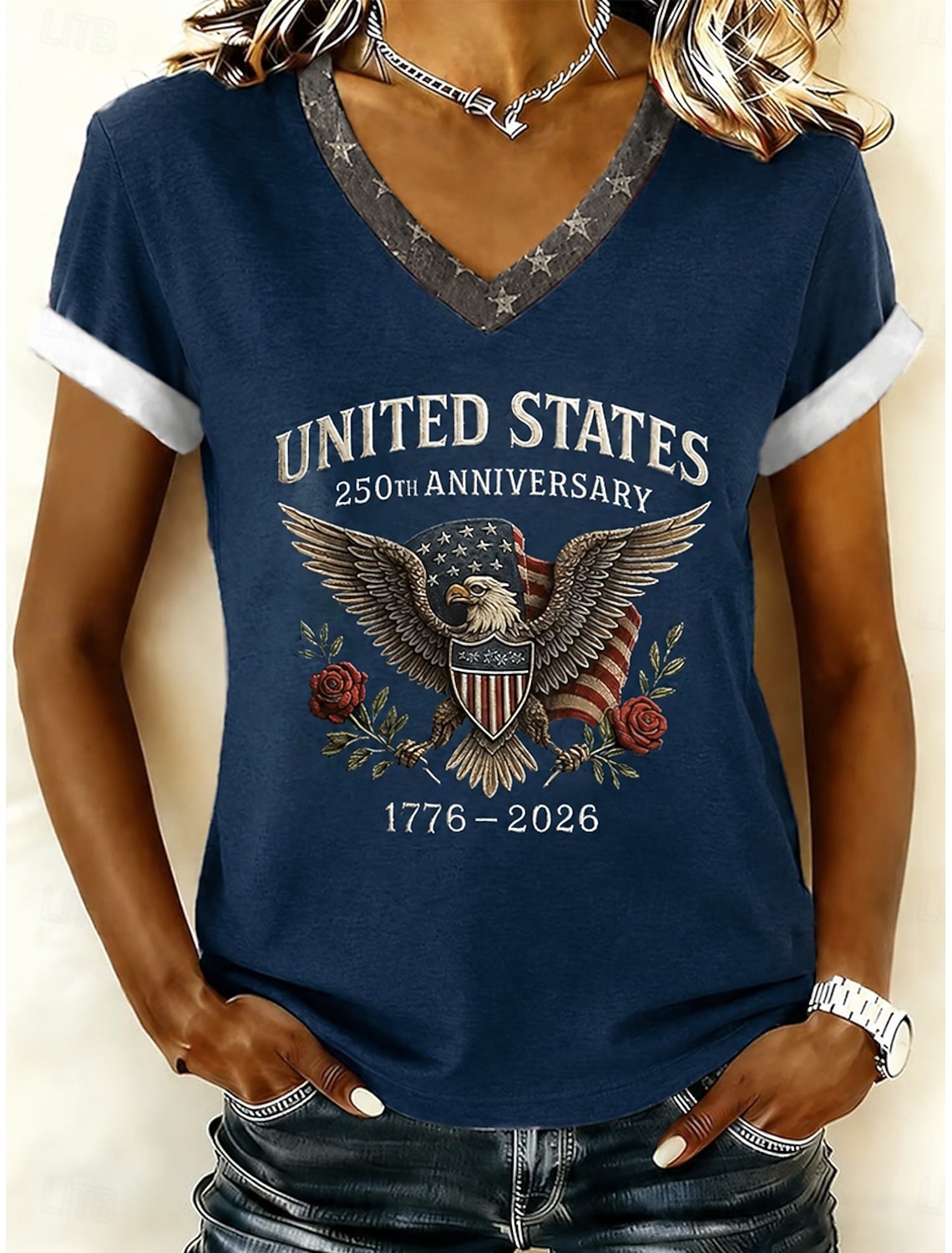 Independence Day Patriotic Women's T Shirt Graphic Flag Vintage Stylish Classic Short Sleeve V Neck Regular Tops Daily Print White Summer Spring