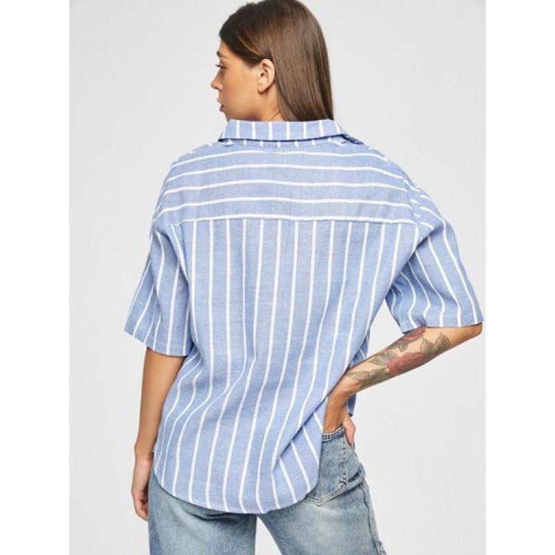 Pinstriped Drop Shoulder Button Placket Blouse BD2397