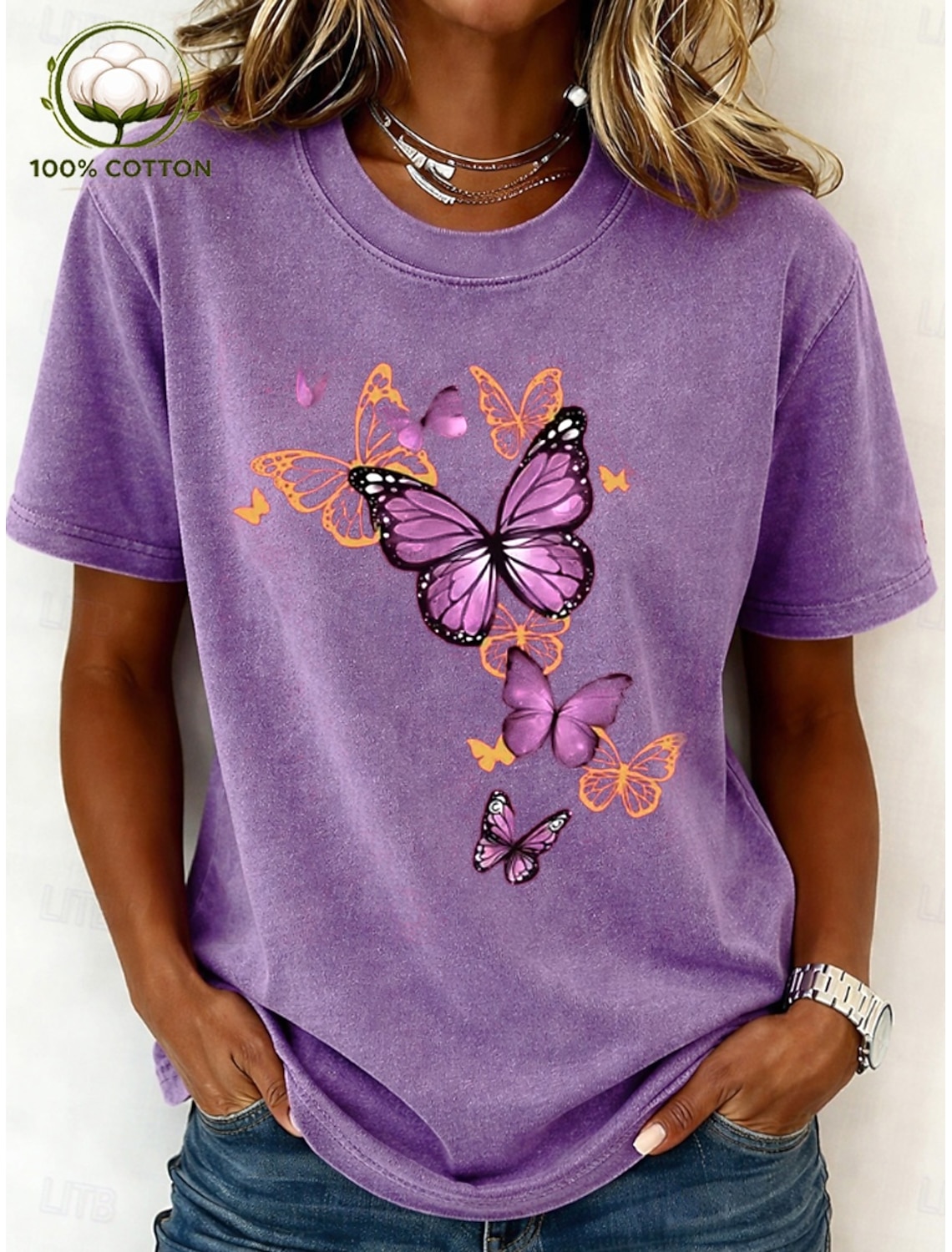 Women's 100% Cotton T Shirt Print Acid Wash Vintage Washed Butterfly Stylish Basic Classic Short Sleeve Crew Neck Regular Tops Casual Daily Blue Black Pink Purple Green Summer Spring