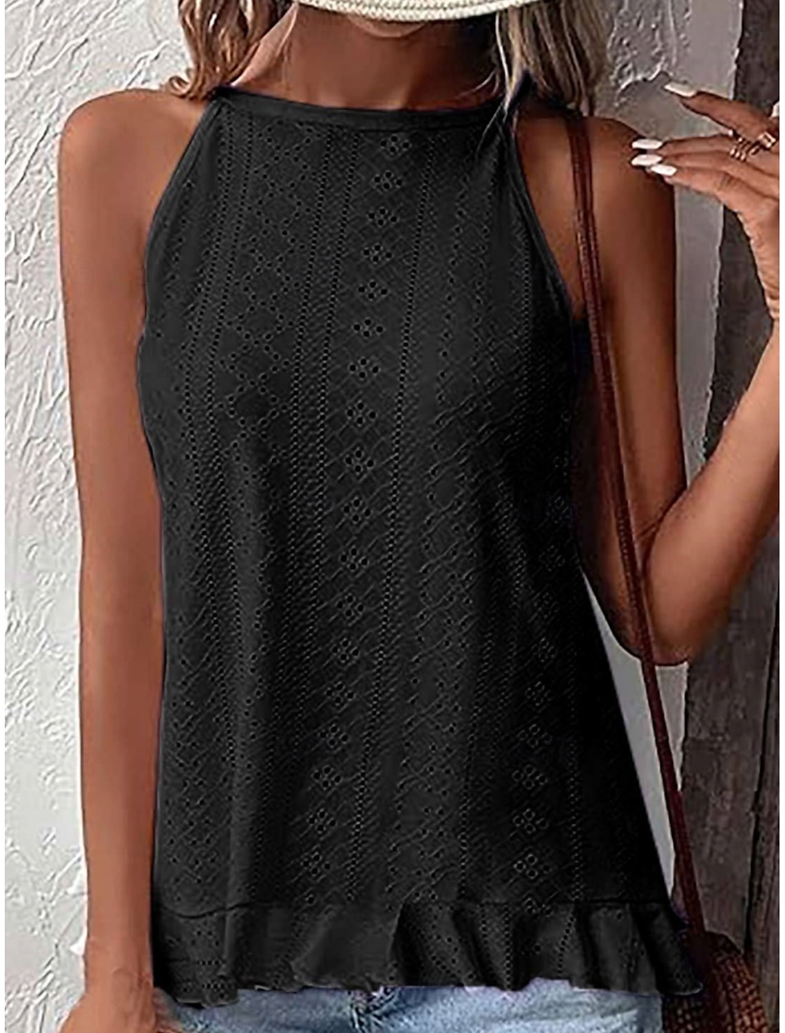 Women's Shirt Blouse Stylish Casual Solid Color Regular Tops Sleeveless Halter Neck Eyelet Regular Fit Daily Summer