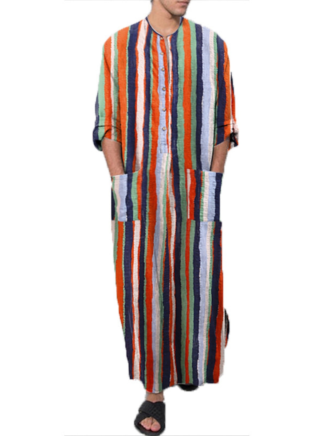 Men's Plus Size Pajamas Robes Gown Nightgown Sleepwear 1PC Stripes Muslim Daily Cotton Blend Comfort Breathable Pocket Spring & Fall Blue Photo Color