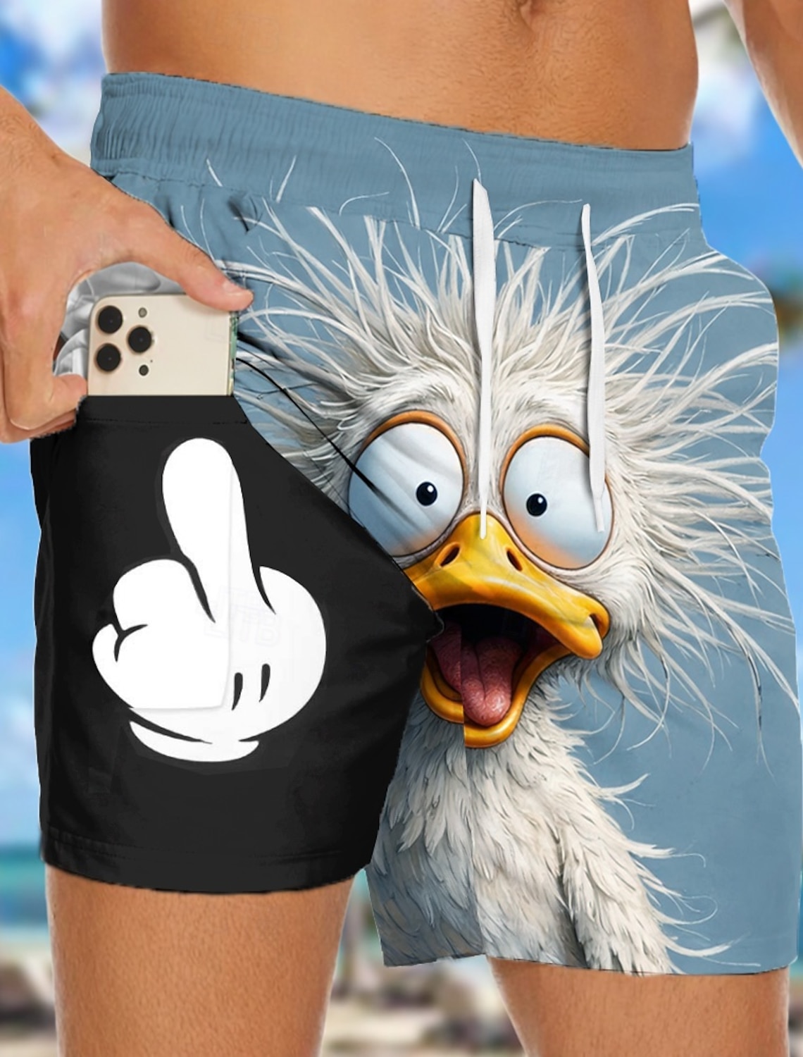 Men's Coconut Tree Funny Duck Lined Shorts 2 in 1 Board Shorts Swim Shorts Mid Waist Hawaiian Vacation Beach Wear Side Pockets With Compression Liner Elastic Drawstring Waist Designer Clothing Apparel