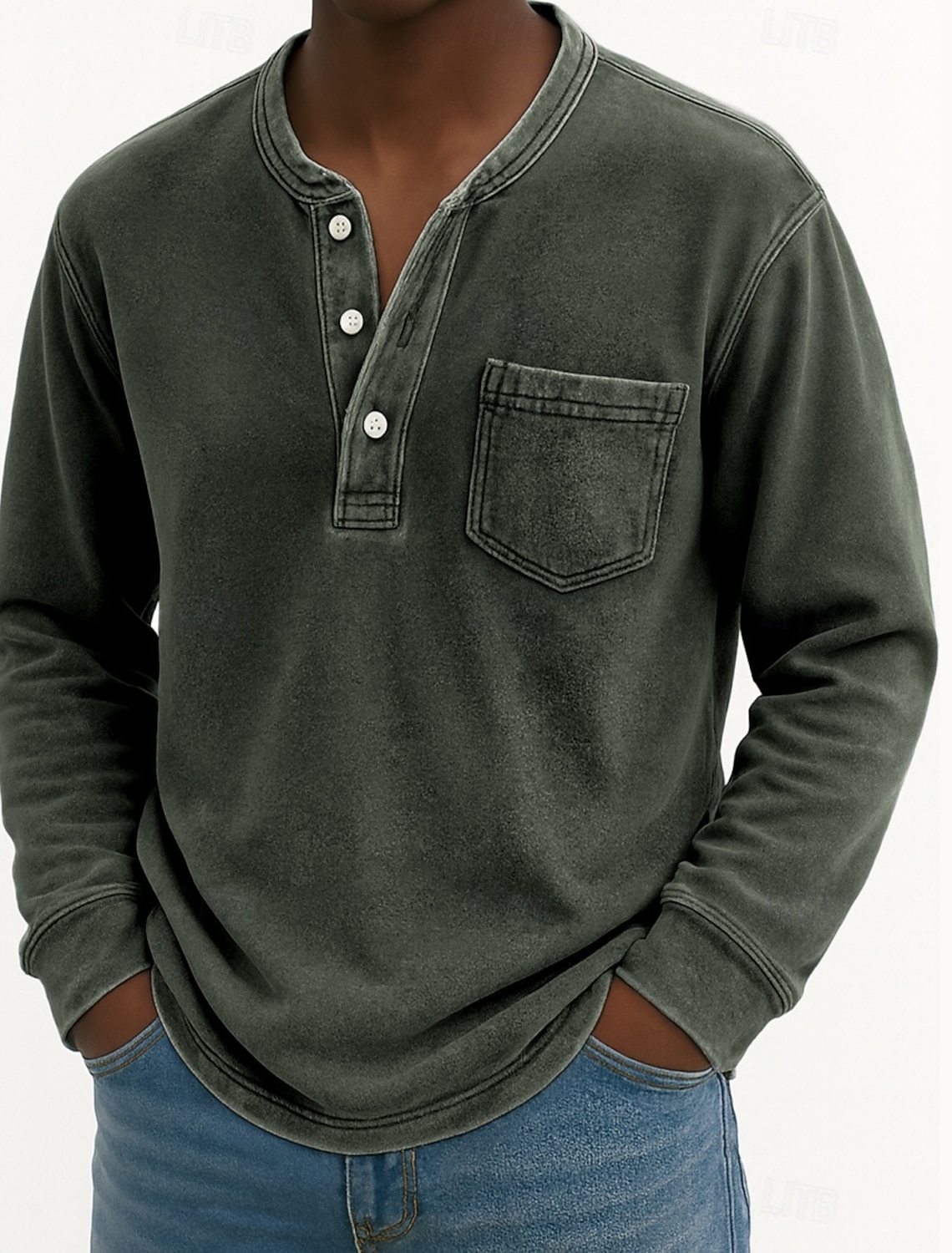Men's Henley Shirt 100% Cotton Acid Wash T Tee Long Sleeve Vintage