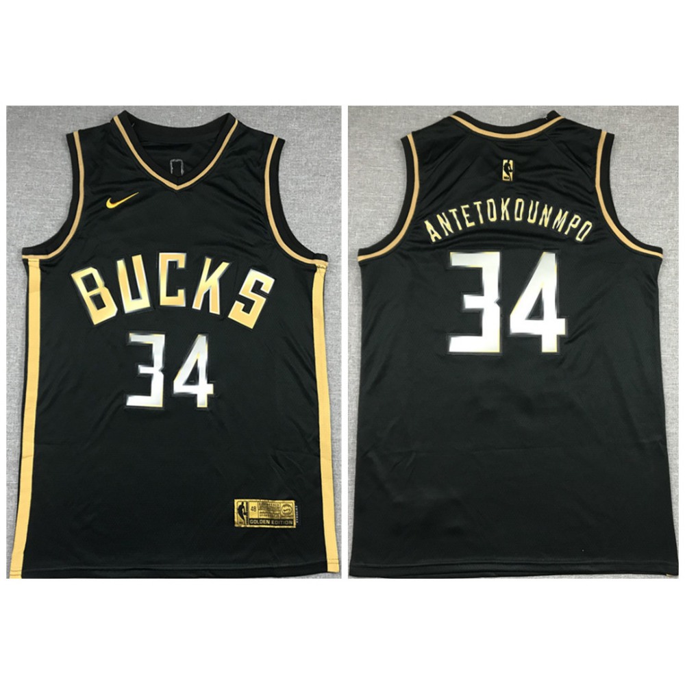 Men's Milwaukee Bucks #34 Giannis Antetokounmpo Black Gold Stitched Swingman Jersey