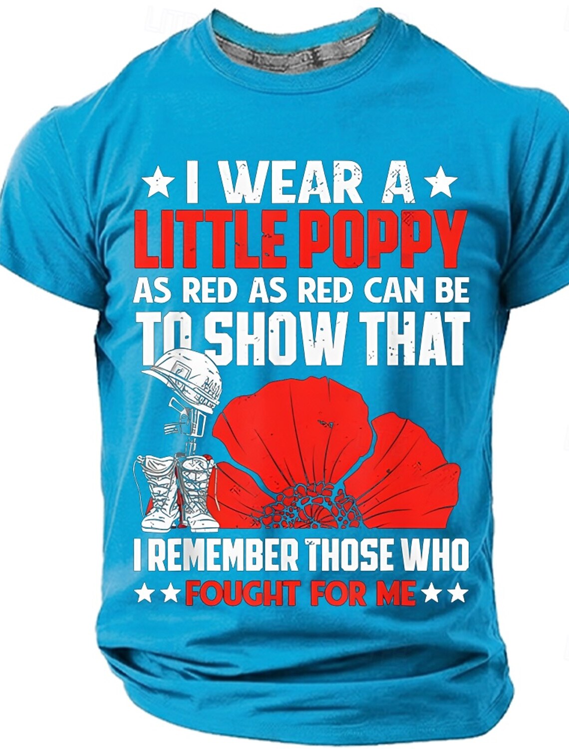 Memorial Day Remembrance Day I Wear A Little Poppy As Red As Red Can Be Men's Soldier Helmet Red Poppy Patriotic Graphic T Shirt Short Sleeve Crew Neck Tee Designer Clothing Apparel S M L XL XXL XXXL