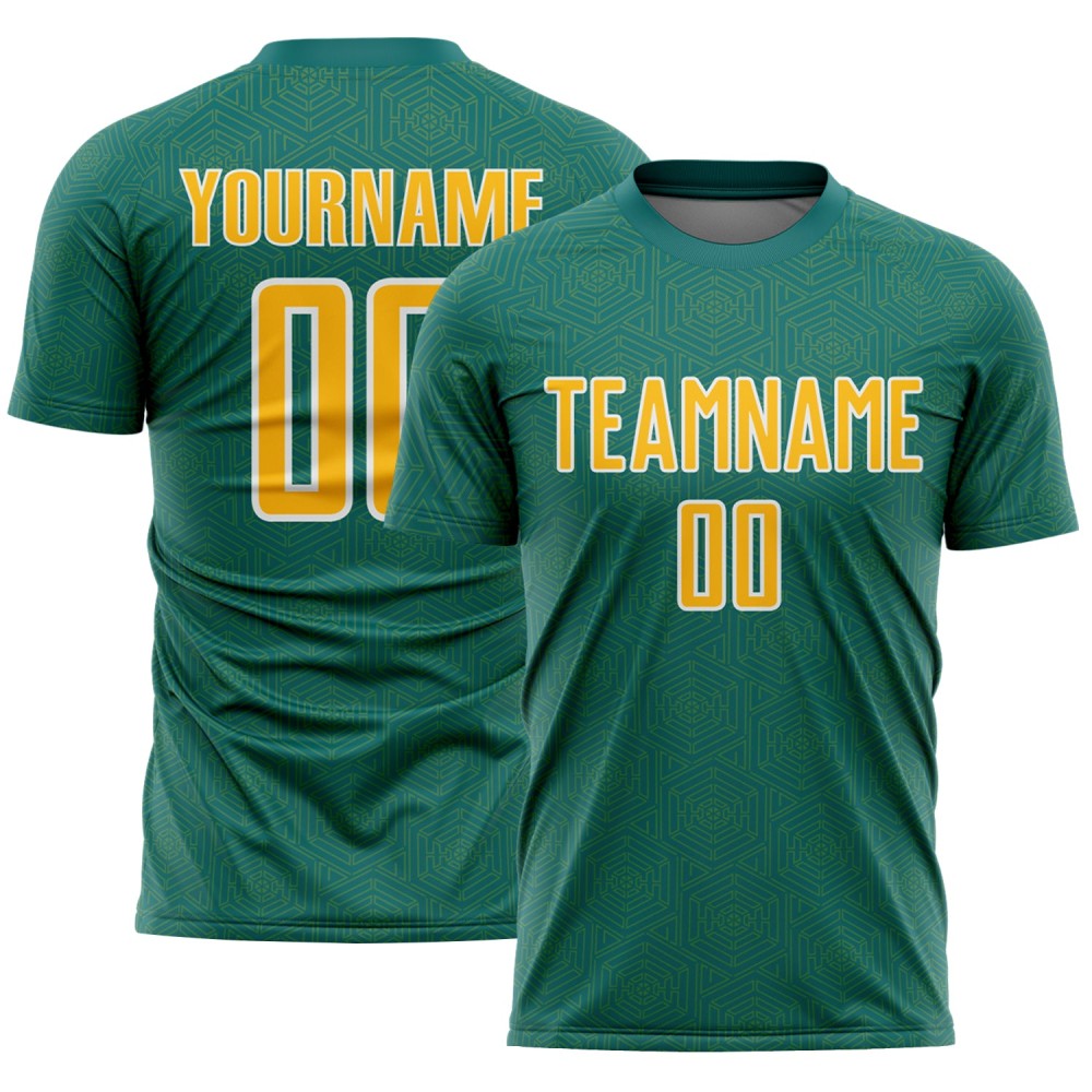 Jersey Teal Shape Custom Gold-White Geometric Soccer Sublimation Sports Uniform