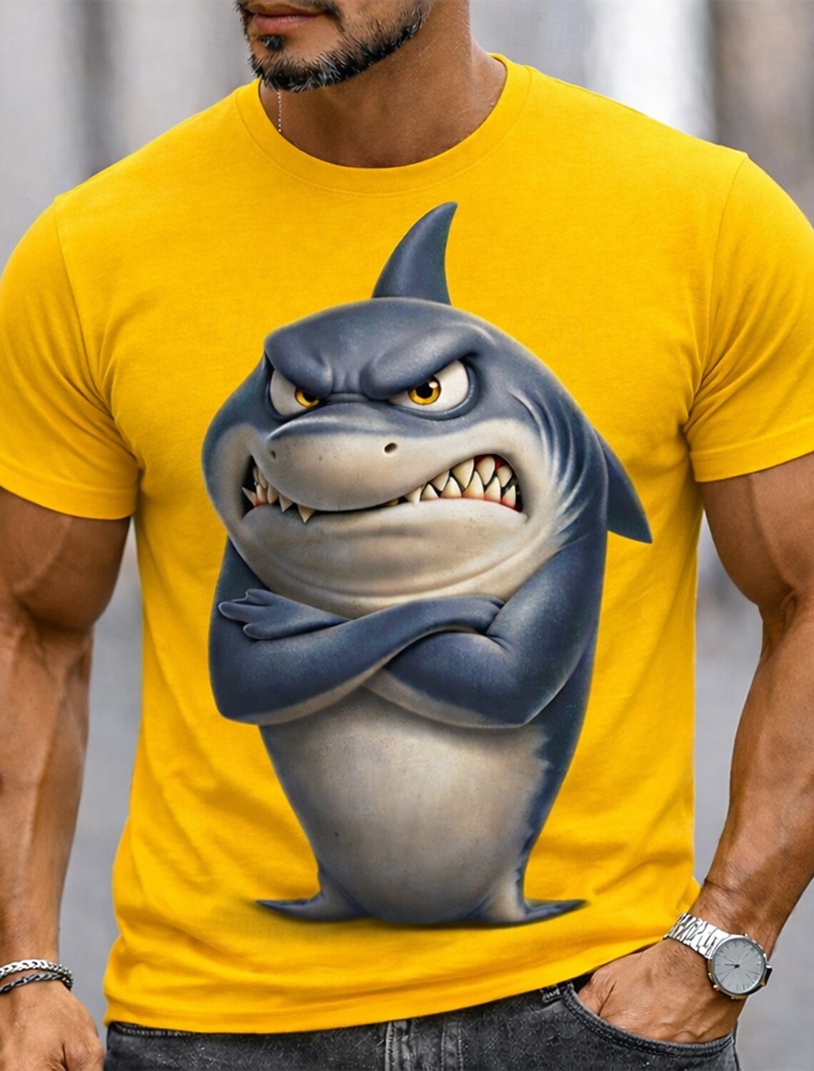 Men's Angry Shark Arms Crossed Baring Teeth Grumpy Cartoon Funny Humorous Quirky Short Sleeve T-Shirt Graphic Casual Fit Streetwear Daily Wear Designer Clothing Apparel S M L XL XXL XXXL