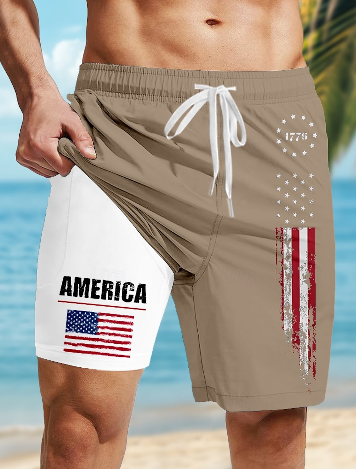 Independence Day Men's American US Flag 4th of July U.S. 250th Anniversary Patriotic Lined Shorts 2 in 1 Board Shorts Swim Trunks Mid Waist Holiday Side Pockets With Compression Liner Elastic