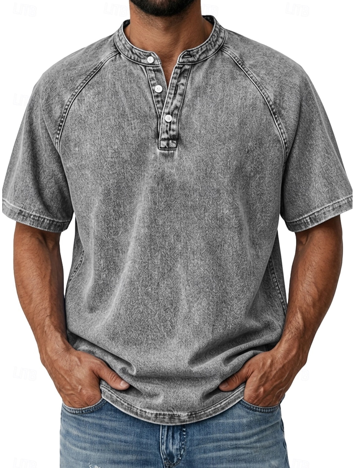 Men's T Shirt Demin 100% Cotton Acid Wash Henley Top Short Sleeve