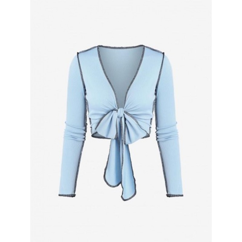 Ribbed Topstitching Tie Front Crop T Shirt SM3585