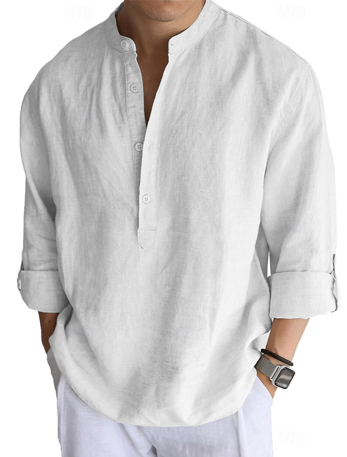 Men's Linen Shirt Popover Casual Beach Band Collar Plain Vacation