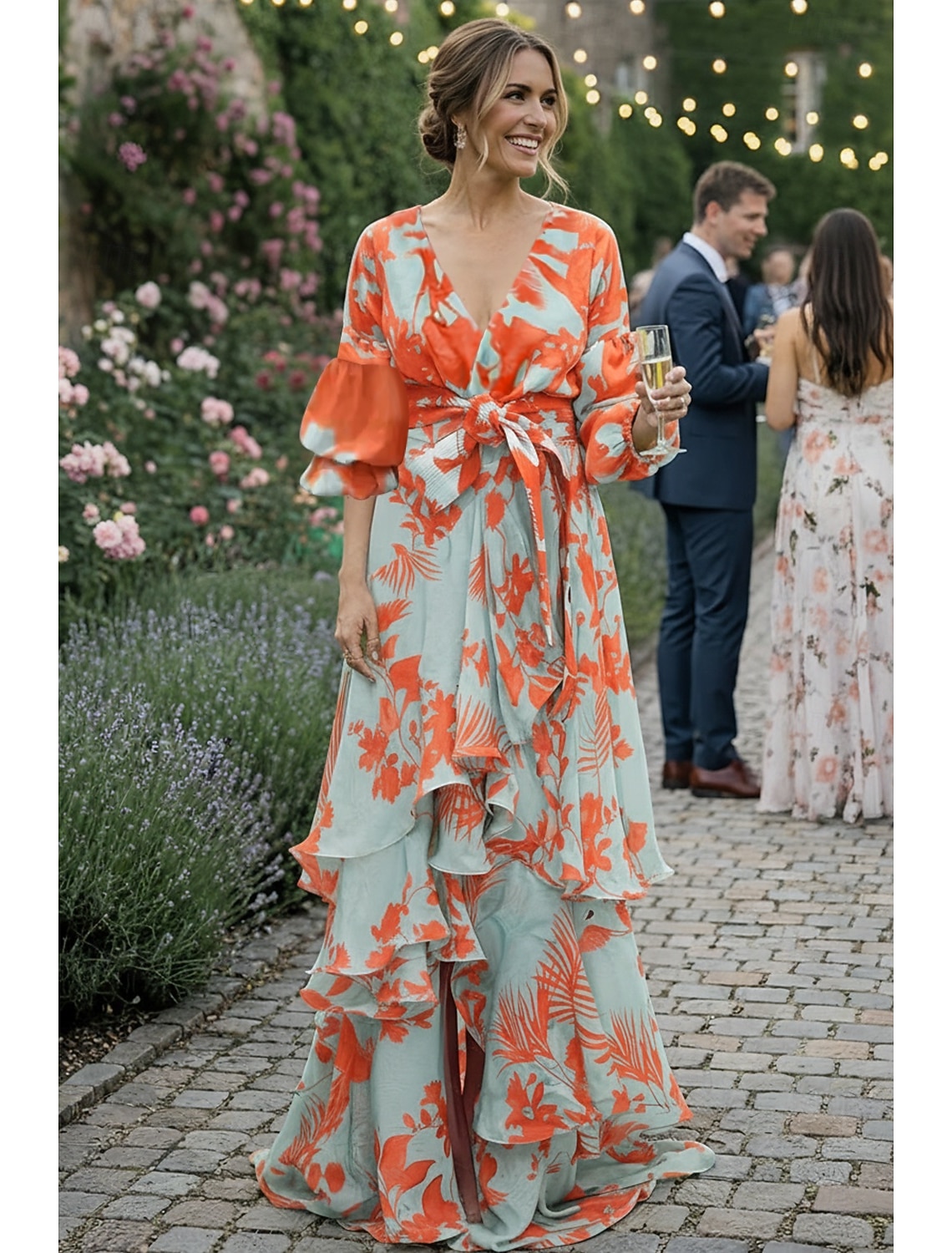 A-Line Floral Dress Beach Wedding Summer Maxi Dresses for Women Holiday Casual Dress Floor Length Long Sleeve V Neck with Print Strappy dress to impress Wedding Guest Dress