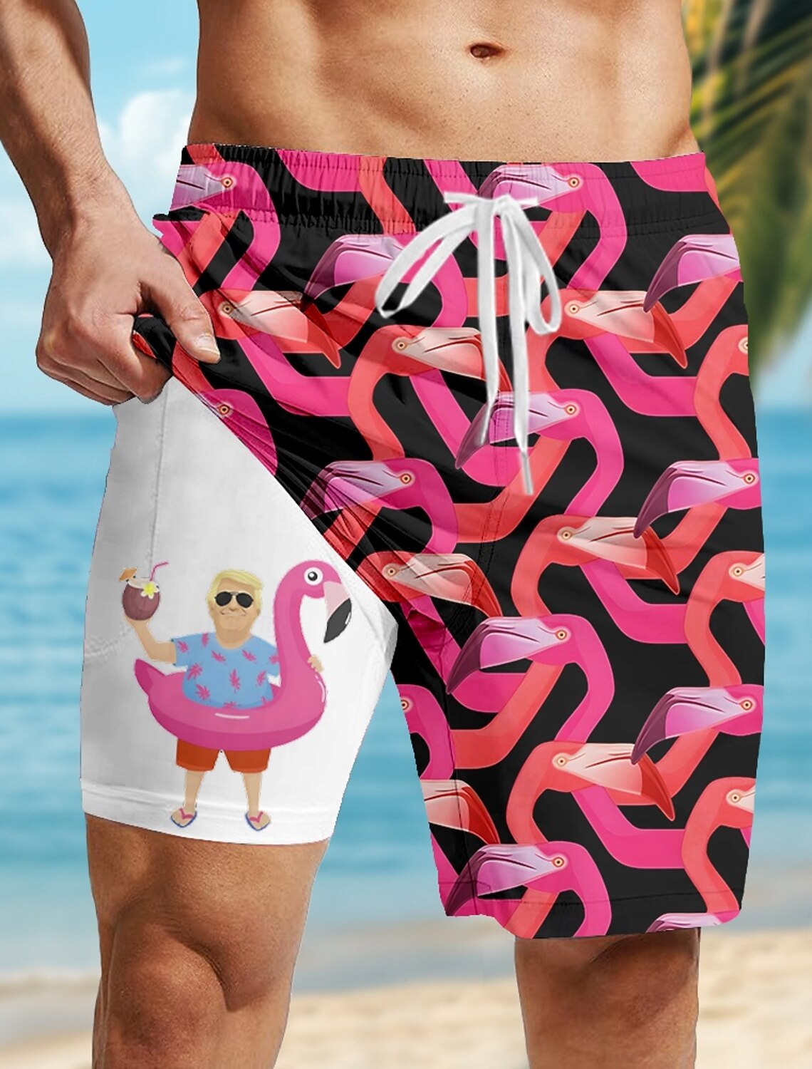 Men's Funny Duck Slang Lined Shorts 2 in 1 Board Swim Mid Waist