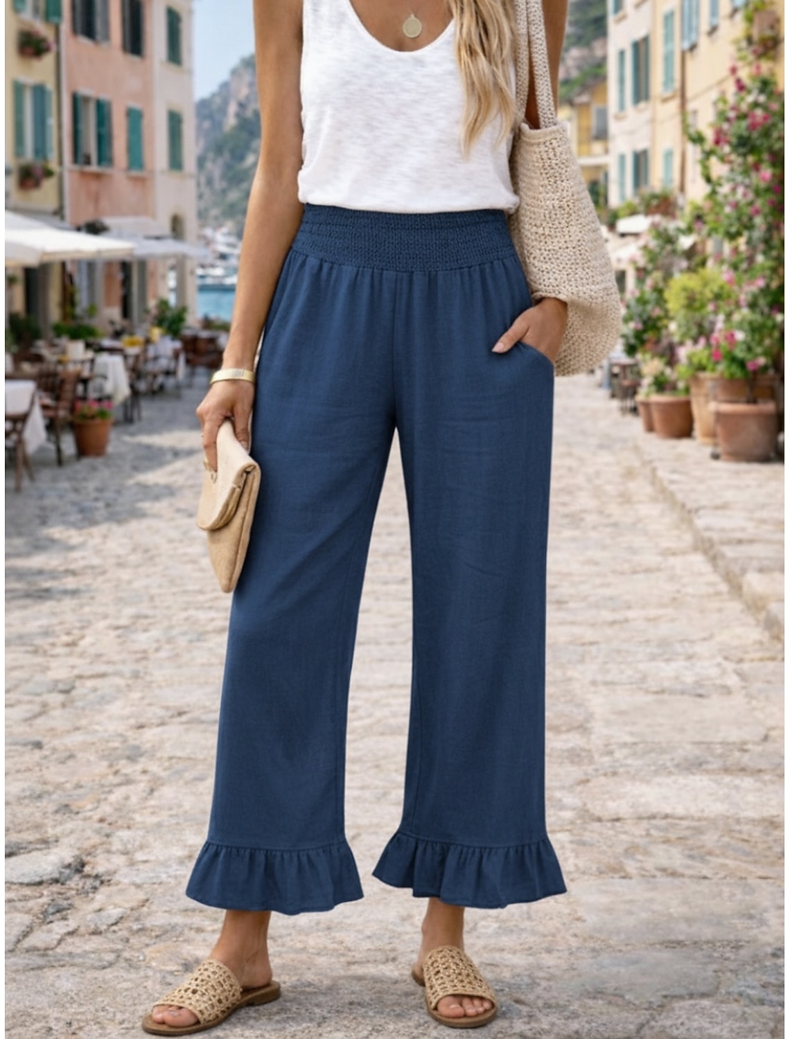 Women's Cotton Linen Pants Wide Leg Chinos Summer Pants Vacation Streetwear Basic Full Length Medium Waist Plain Pocket Elastic Waist Comfy Comfort Micro-elastic Outdoor Vacation Street claret Grey