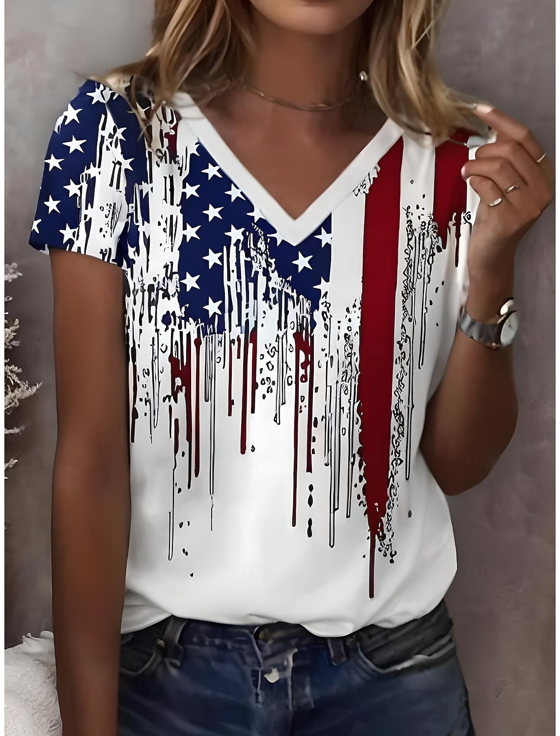 Independence Day Patriotic Women's T Shirt Graphic Flag Vintage Stylish Classic Short Sleeve V Neck Regular Tops Daily Print White Summer Spring