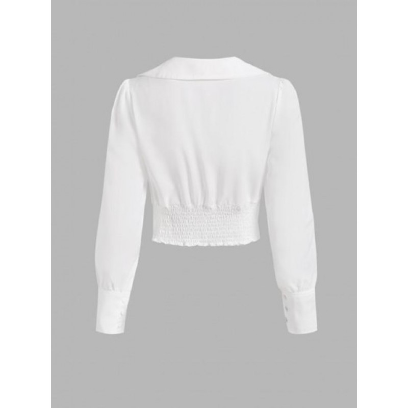 Plunge Front Bowknot Smocked Back Crop Shirt NH5201