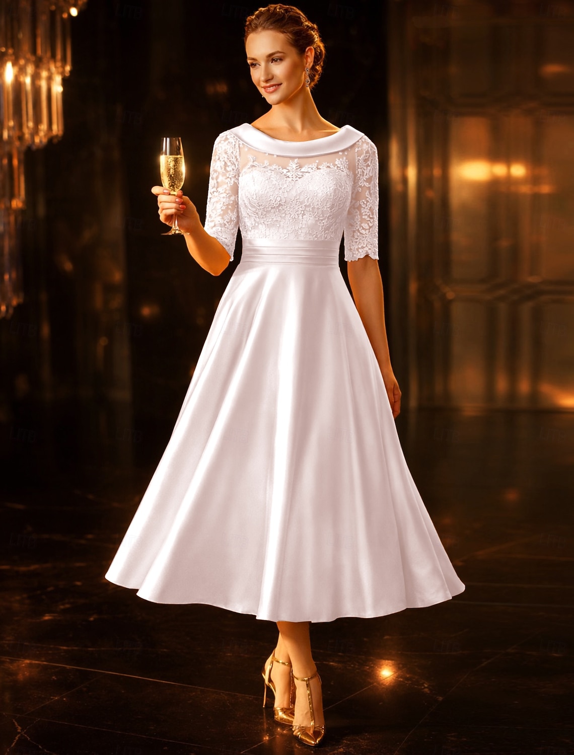 A-Line Tea Length Party Dress Cocktail Dress Wedding Guest Dress Mother of the Bride Dress Half Sleeve Scoop Neck Elegant Vintage Wedding Guest Satin Lace with Ruched Appliques