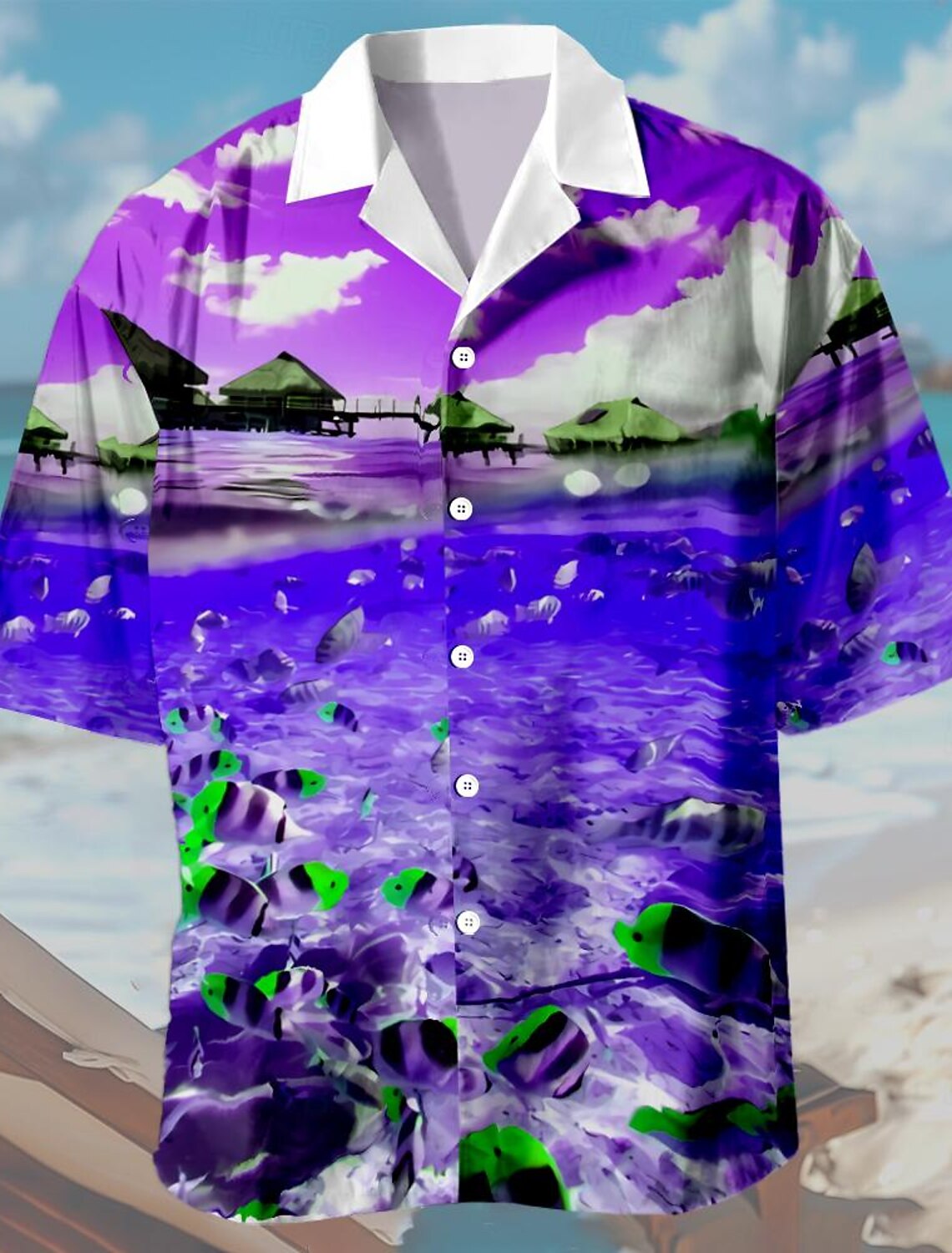 Men's Seascape Pattern Shirt Summer Hawaiian Shirt Aloha Shirt Short Sleeve Shirt Turndown Hawaiian Resort Casual Hawaiian Holiday Violet Orange Dark Blue S M L