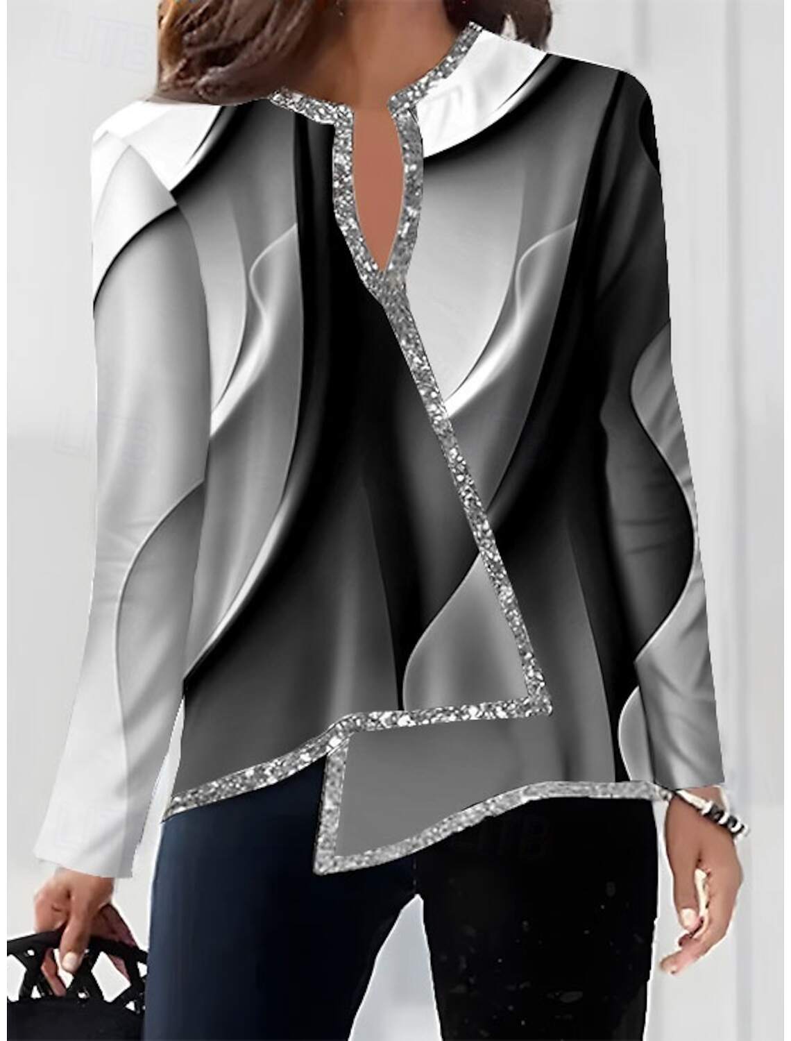 Women's Shirt Blouse Fashion Print Asymmetric Hem Long Sleeve Regular Tops V Neck Casual Fall & Winter