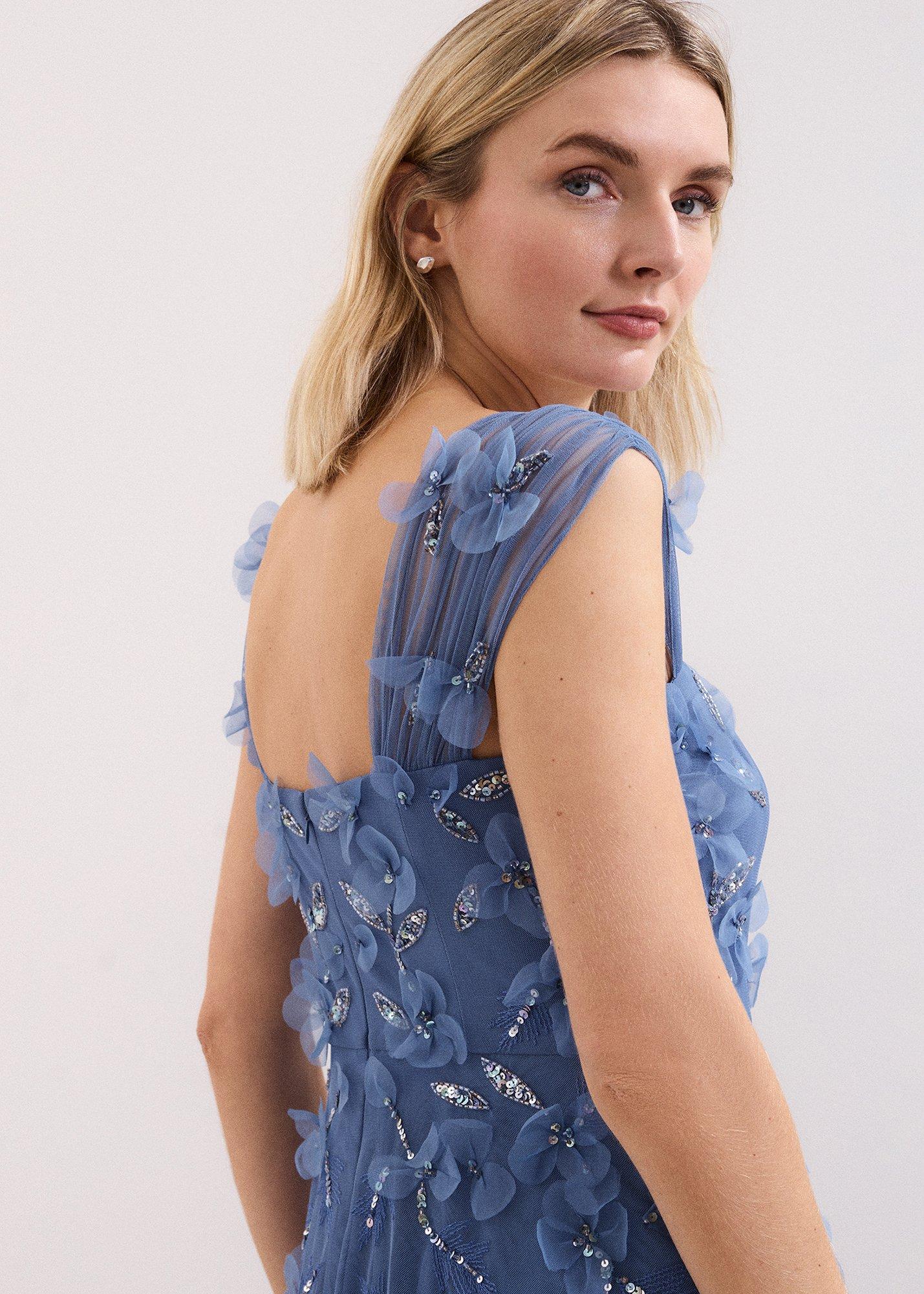 Petite Azera Blue Beaded Midi Dress