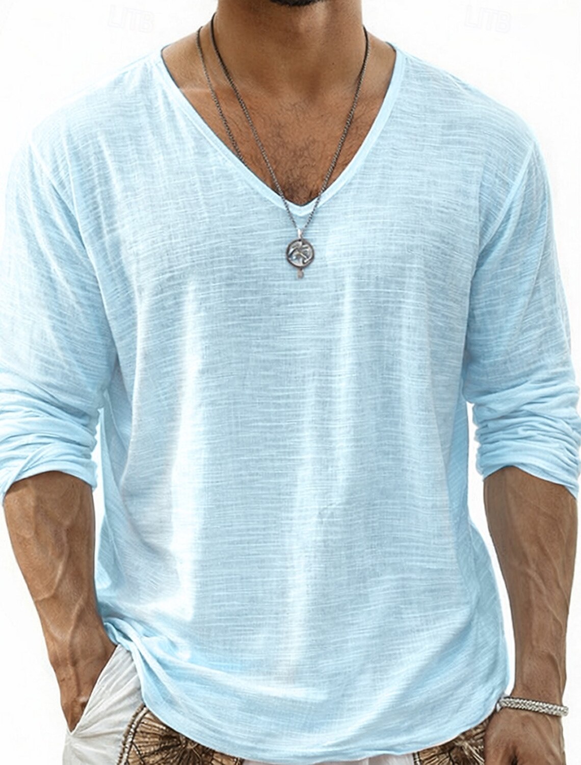 Men's Tee Top Linen T-Shirt Long Sleeve V Neck Summer Spring & Soli #2
