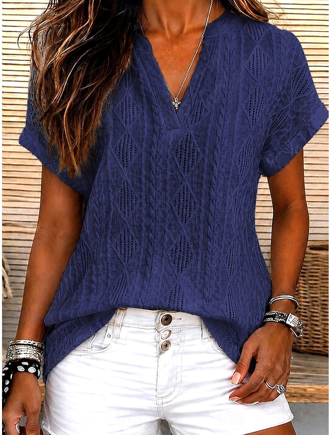 Women's Blouse Lace Solid Color Stylish Casual Short Sleeve V Neck Regular Tops Daily Blue Black White Orange Grey Summer Spring Fall