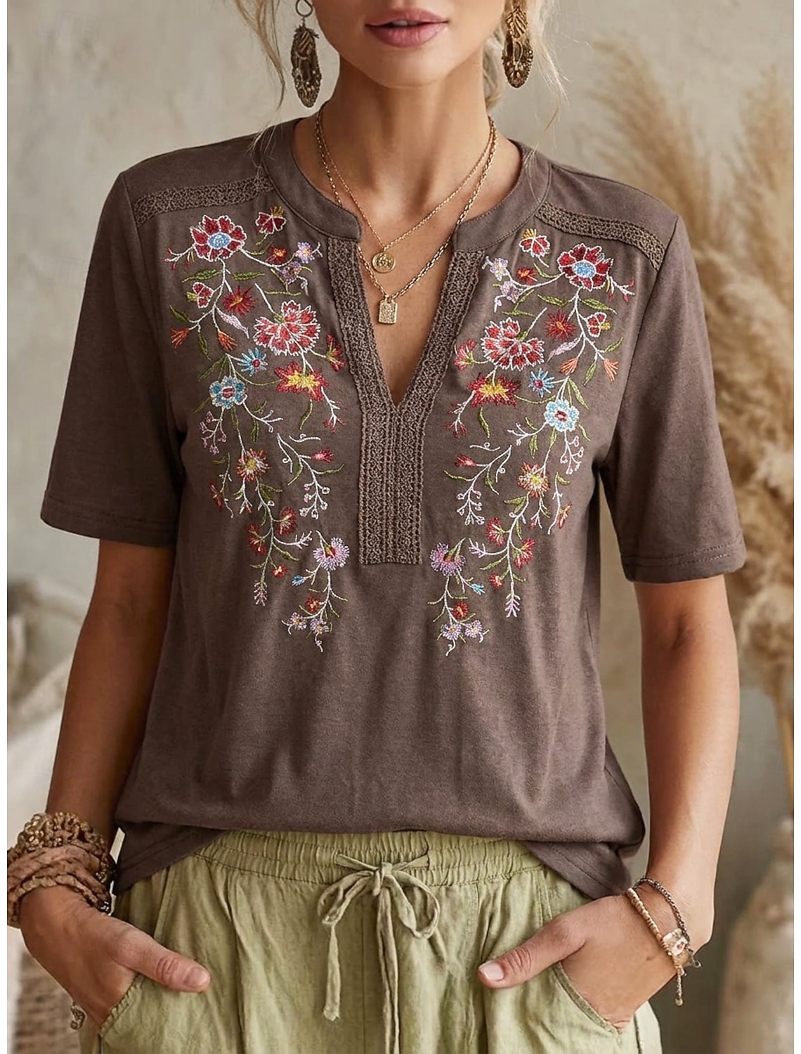 Women's Blouse Lace Tops Embroidery Shirts Lace Embroidered Floral Vintage Boho Short Sleeve V Neck Regular Tops Casual Holiday Summer Black Army Green Navy Blue Purple Brown Summer Spring