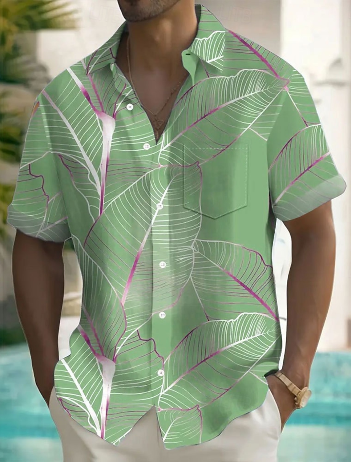 OUKU Men's Palm Leaf Tropical Plants Summer Hawaiian Shirt Button Up