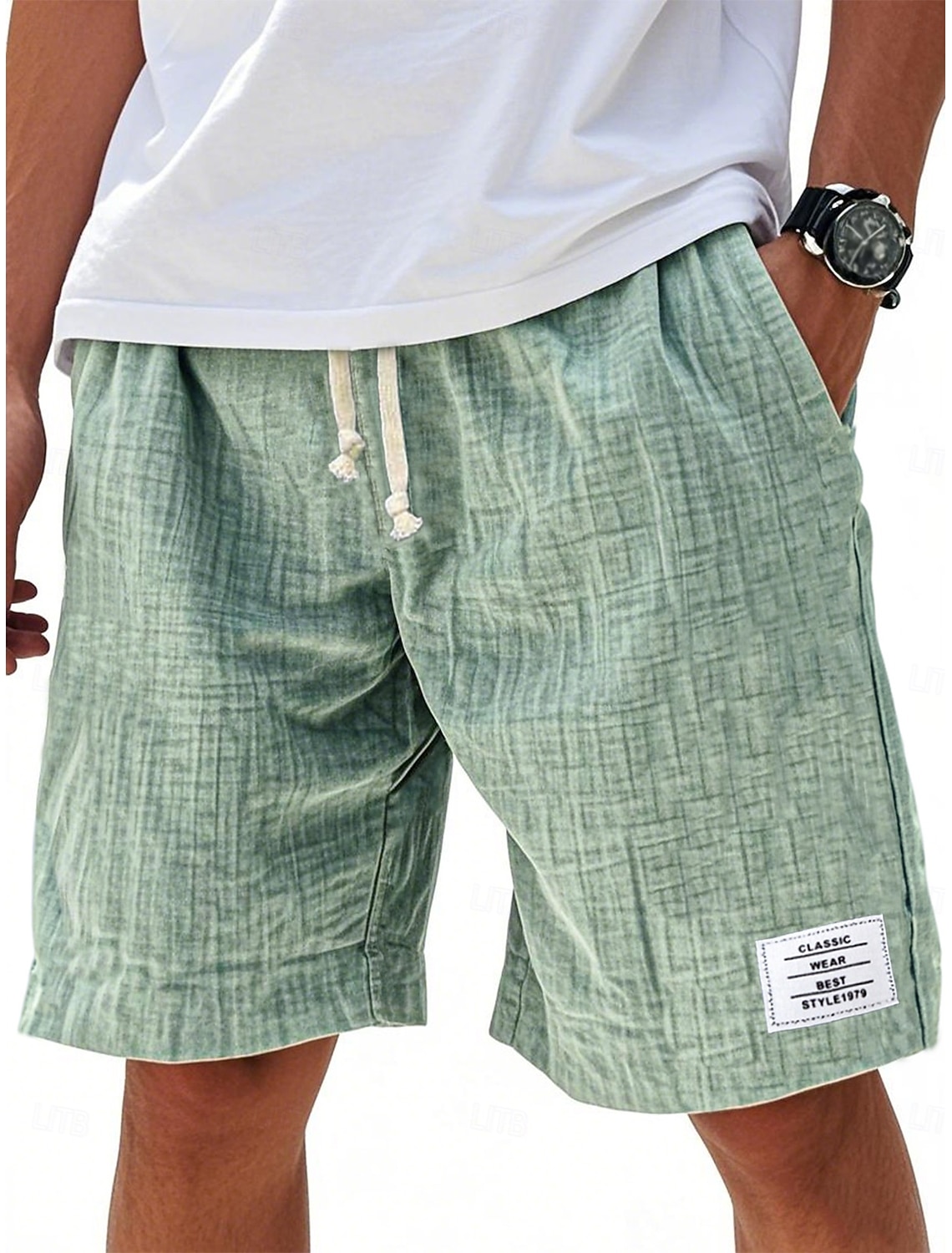 Men's Shorts Summer Beach Casual Drawstring Elastic Waist Solid Color