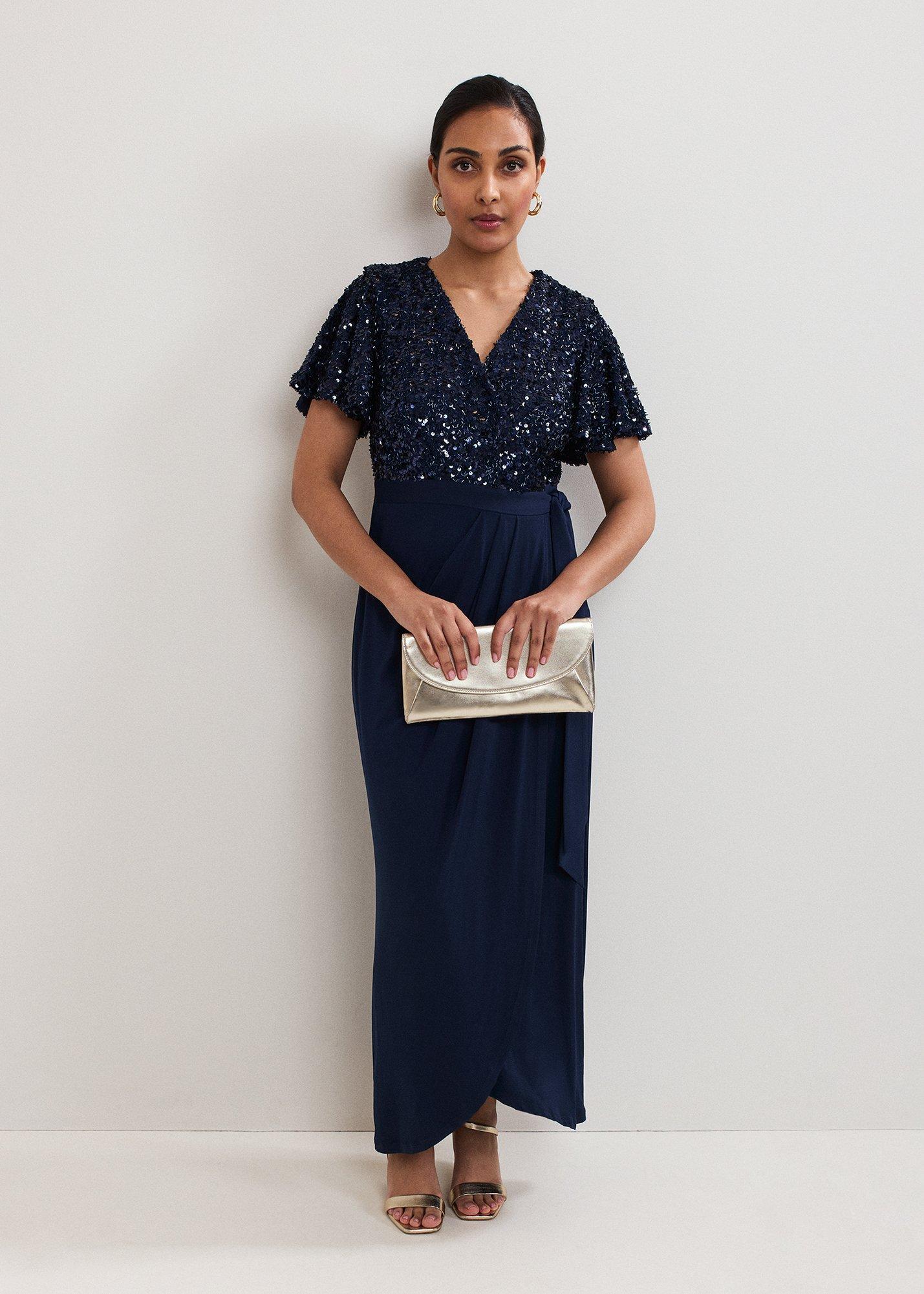 Petite Janessa Navy Sequin Wrap Maxi Dress