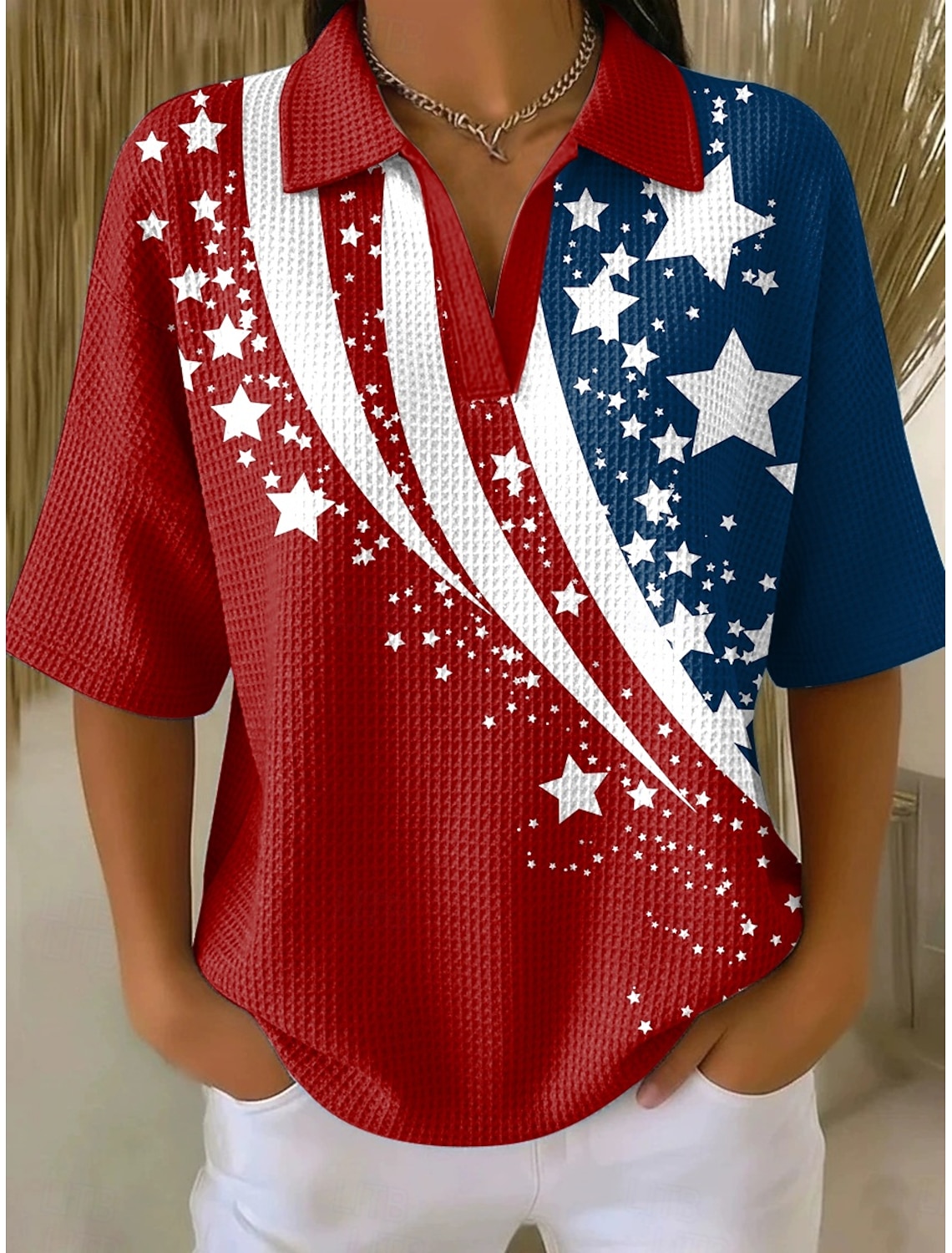 American Independence Day Women's Waffle T-shirt Textured Knit Tops Graphic American Flag Elegant Vintage Stylish Half Sleeve Polo Collar Regular Tops Casual Daily Blue Red Summer Spring