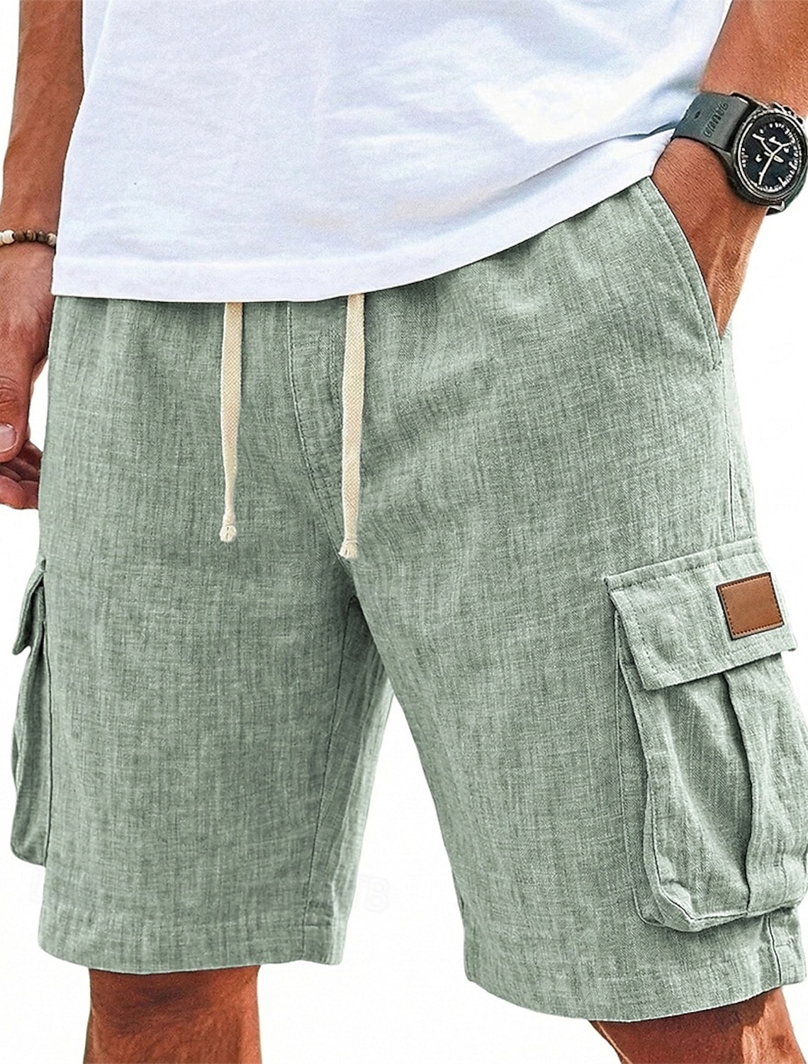 Men's Shorts Linen Shorts Summer Shorts Beach Shorts Drawstring Elastic Waist Multi Pocket Plain Comfort Breathable Knee Length Daily Outdoor Holiday Vacation Fashion Black Green Inelastic