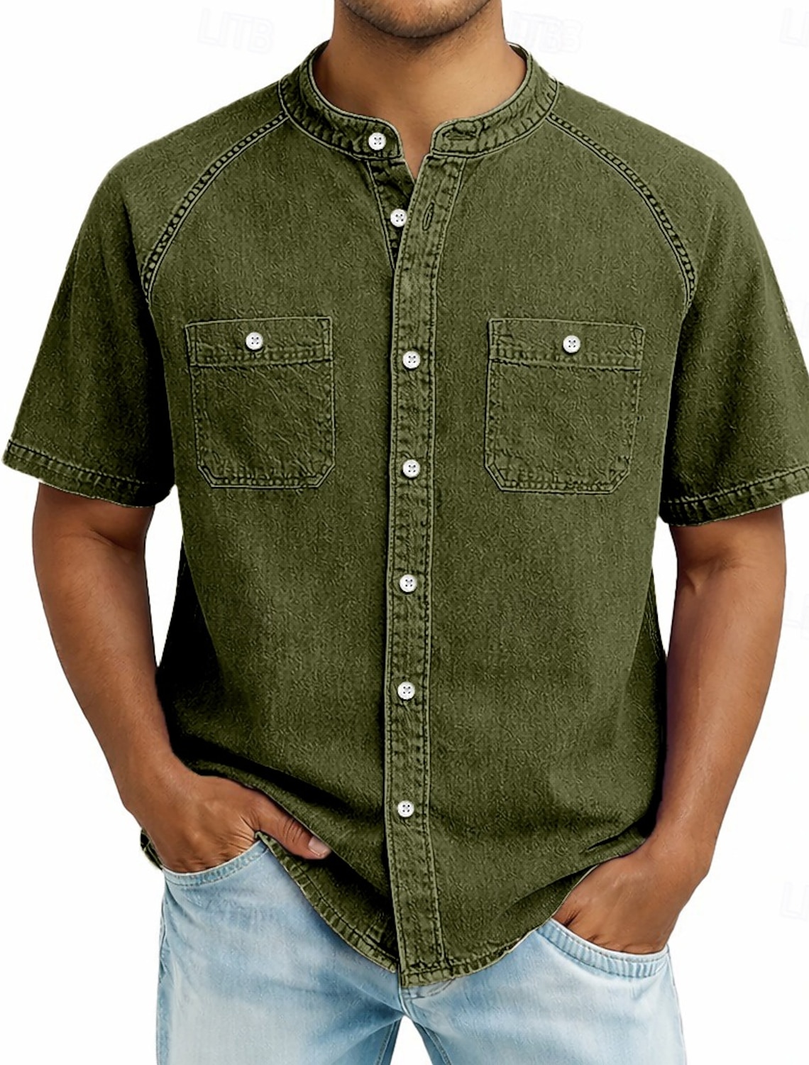 SoftFade™ Men's Shirt Casual Shirt Button Up Shirt Cotton Acid Wash Shirt Black Light Green Pink Purple khaki Short Sleeve Plain Grandad Collar Casual Daily Front Pocket Clothing
