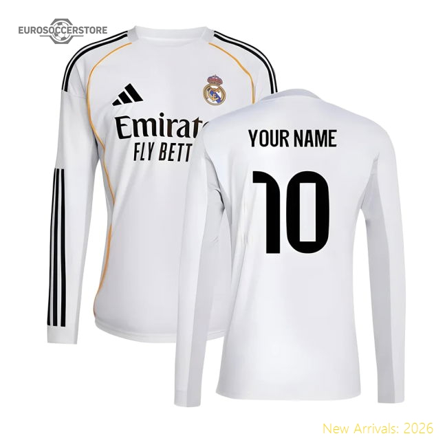 Supporter 2025-2026 Real Madrid Long Sleeve Home Shirt (Your Name)