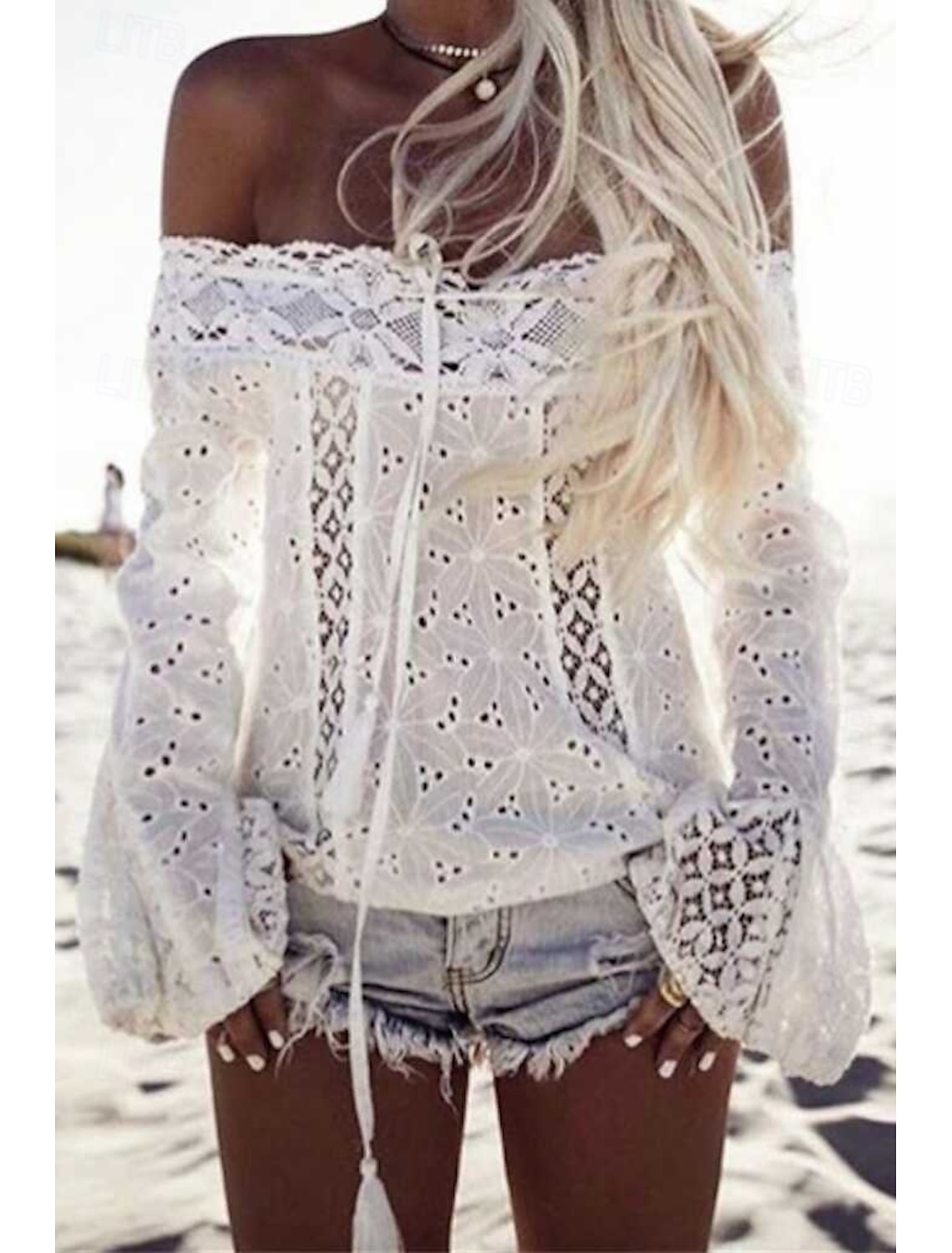 Women's Blouse Lace Tops Lace Fringe Plain Modern Casual Long Sleeve Off Shoulder Regular Tops Daily Going out White Summer