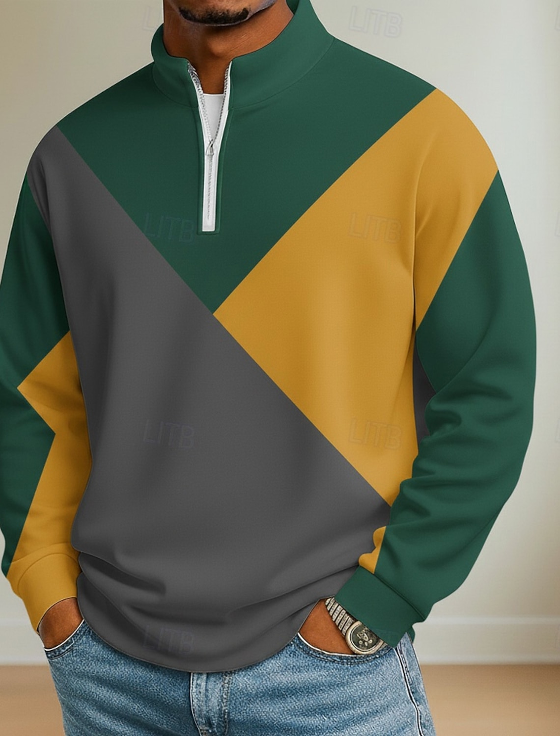 Men's Color Block Geometic Polo Long Sleeve Standing Collar Athleisure