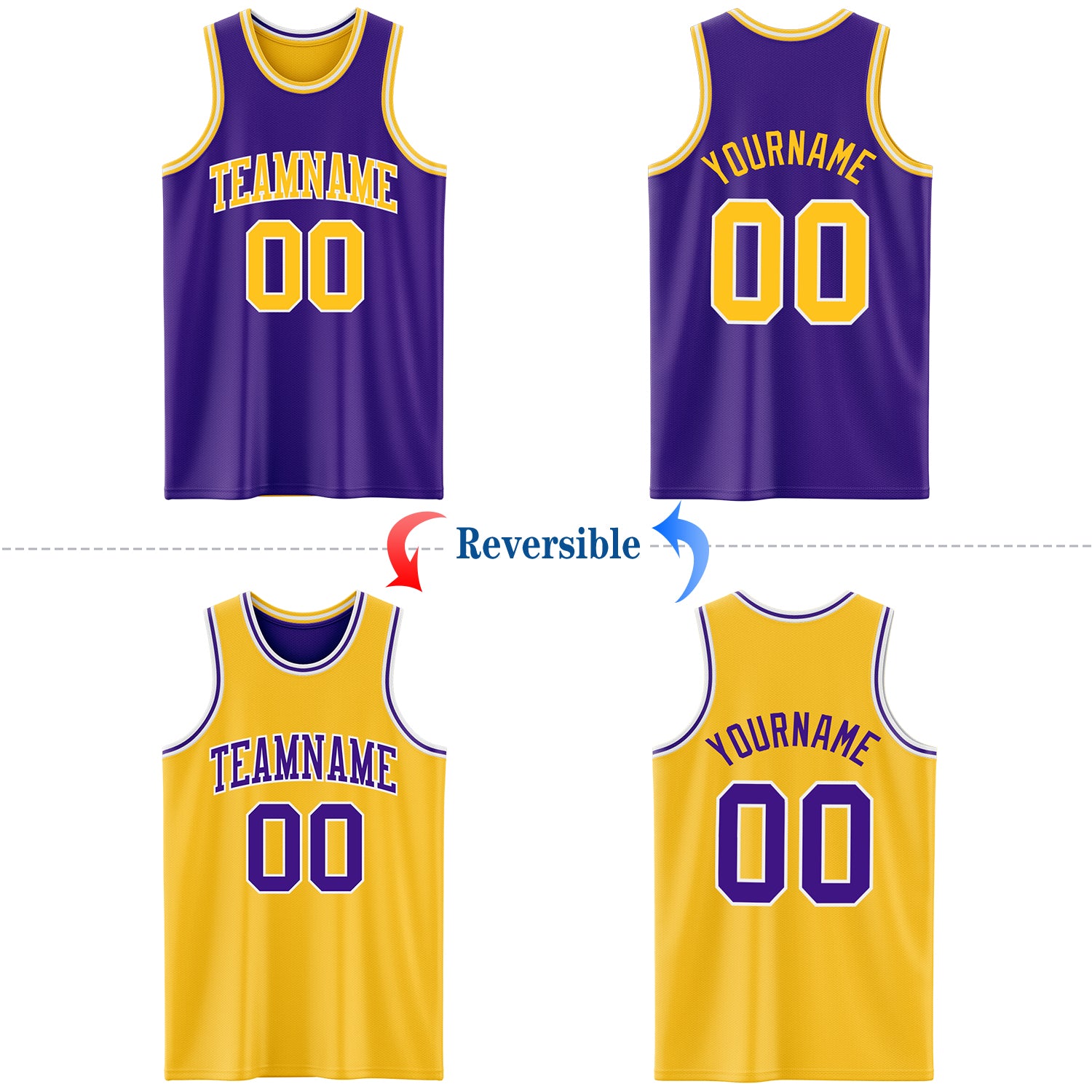 Custom Purple Gold-White Reversible Double Side Basketball Jersey