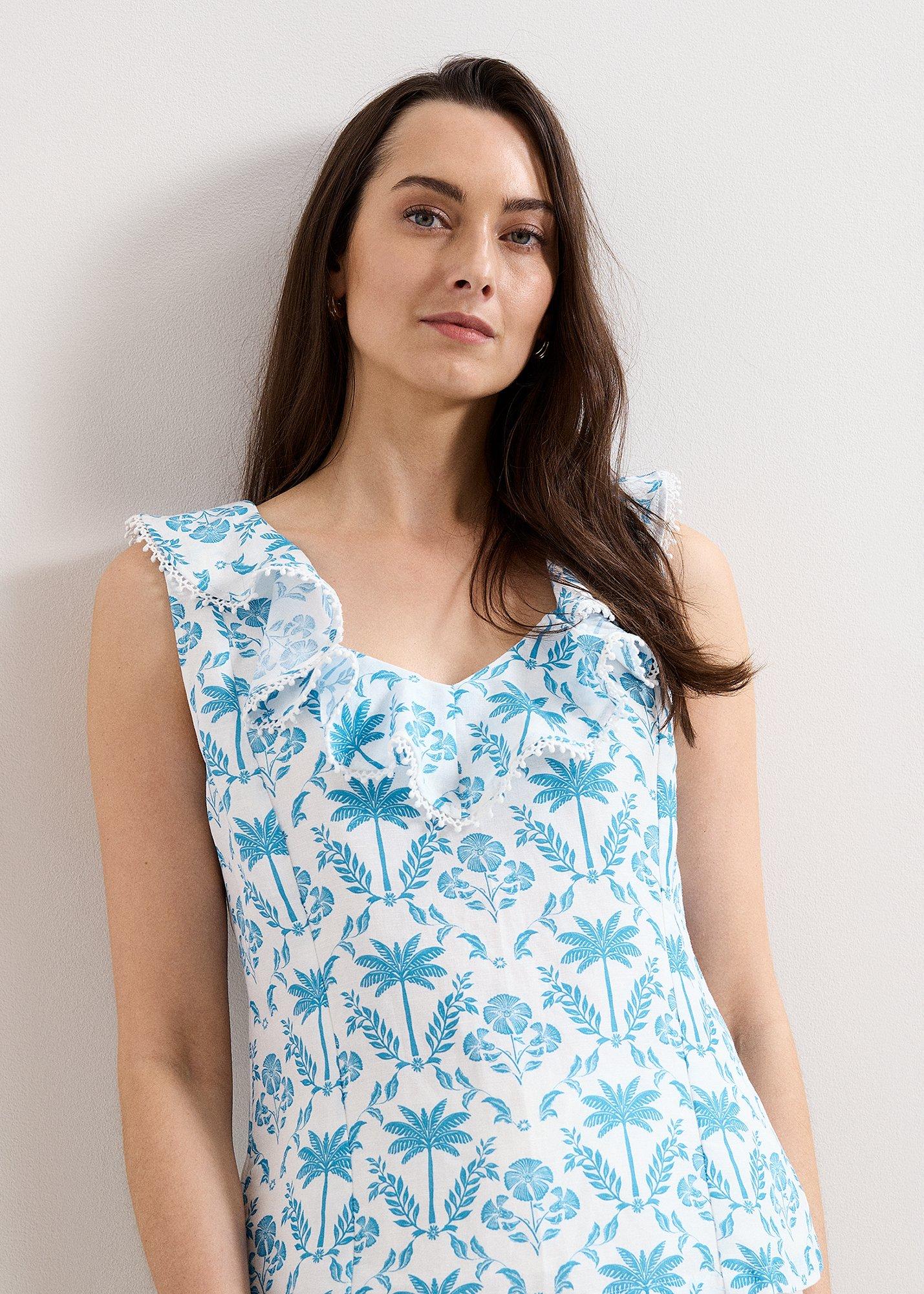 Rhona Blue Print Ruffle Linen Blouse
