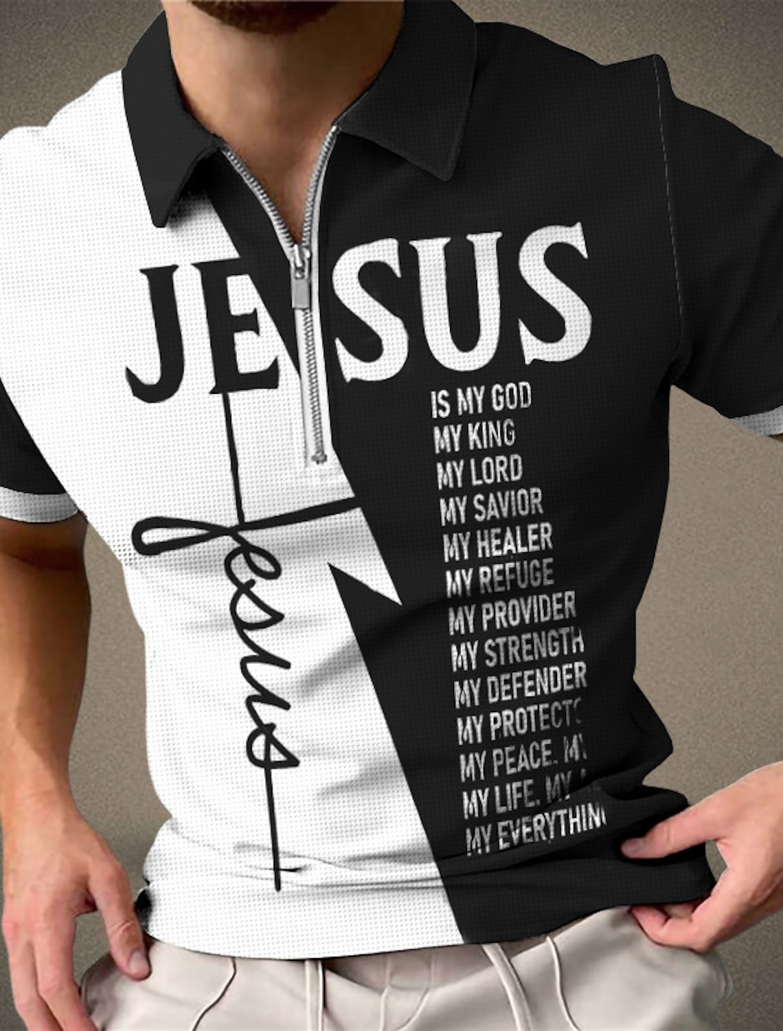 Men's Graphic Prints Waffle Polo Shirts Zip Short Sleeves Turndown